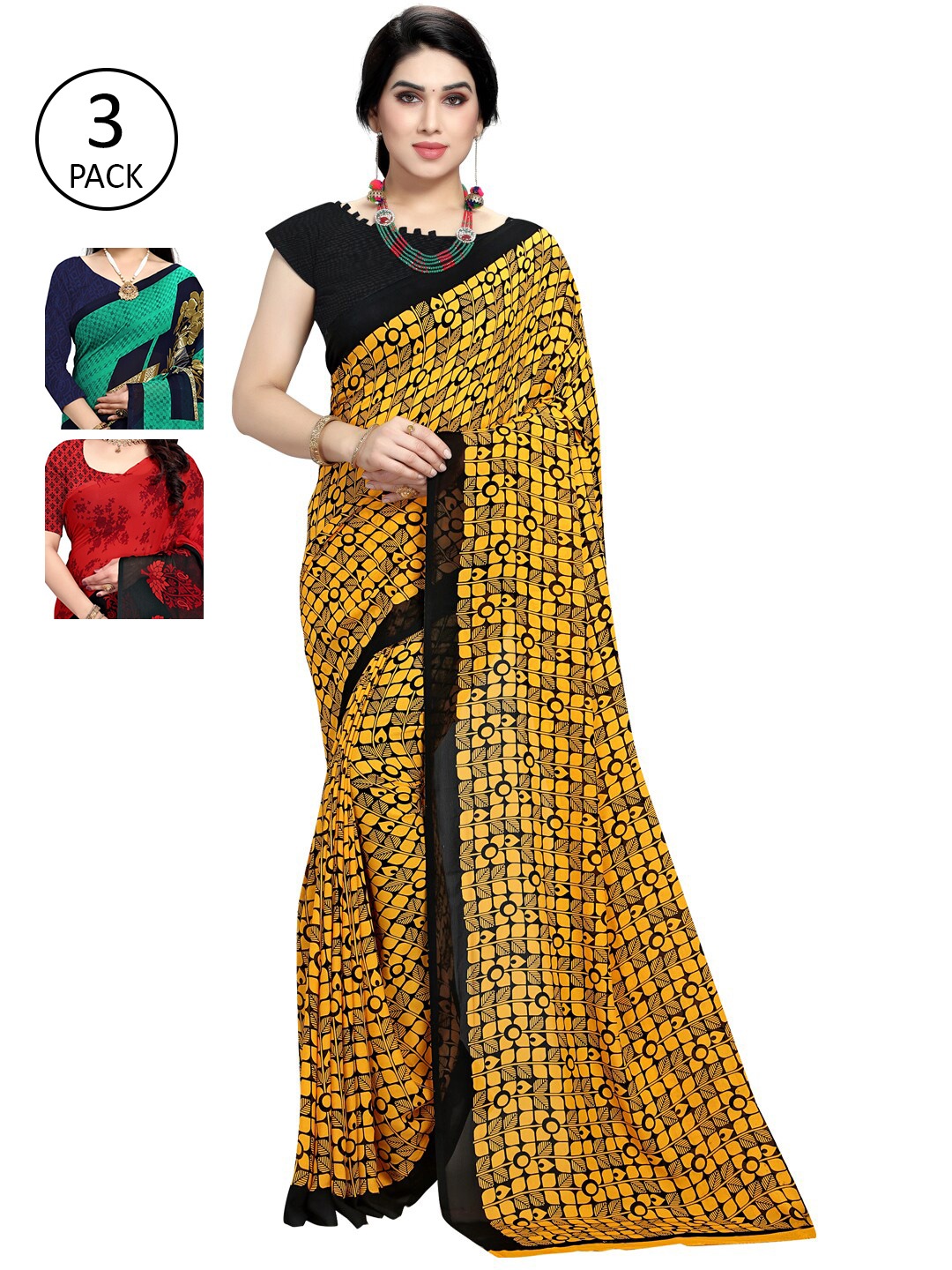 

KALINI Pack of 3 Poly Georgette Saree, Yellow