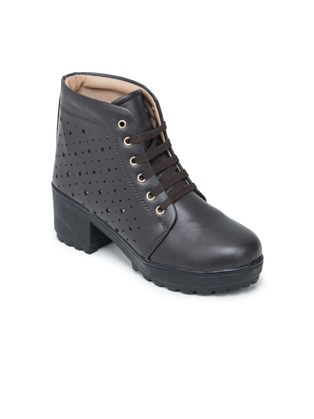 

LONDON STEPS Brown Block Heeled Boots with Laser Cuts