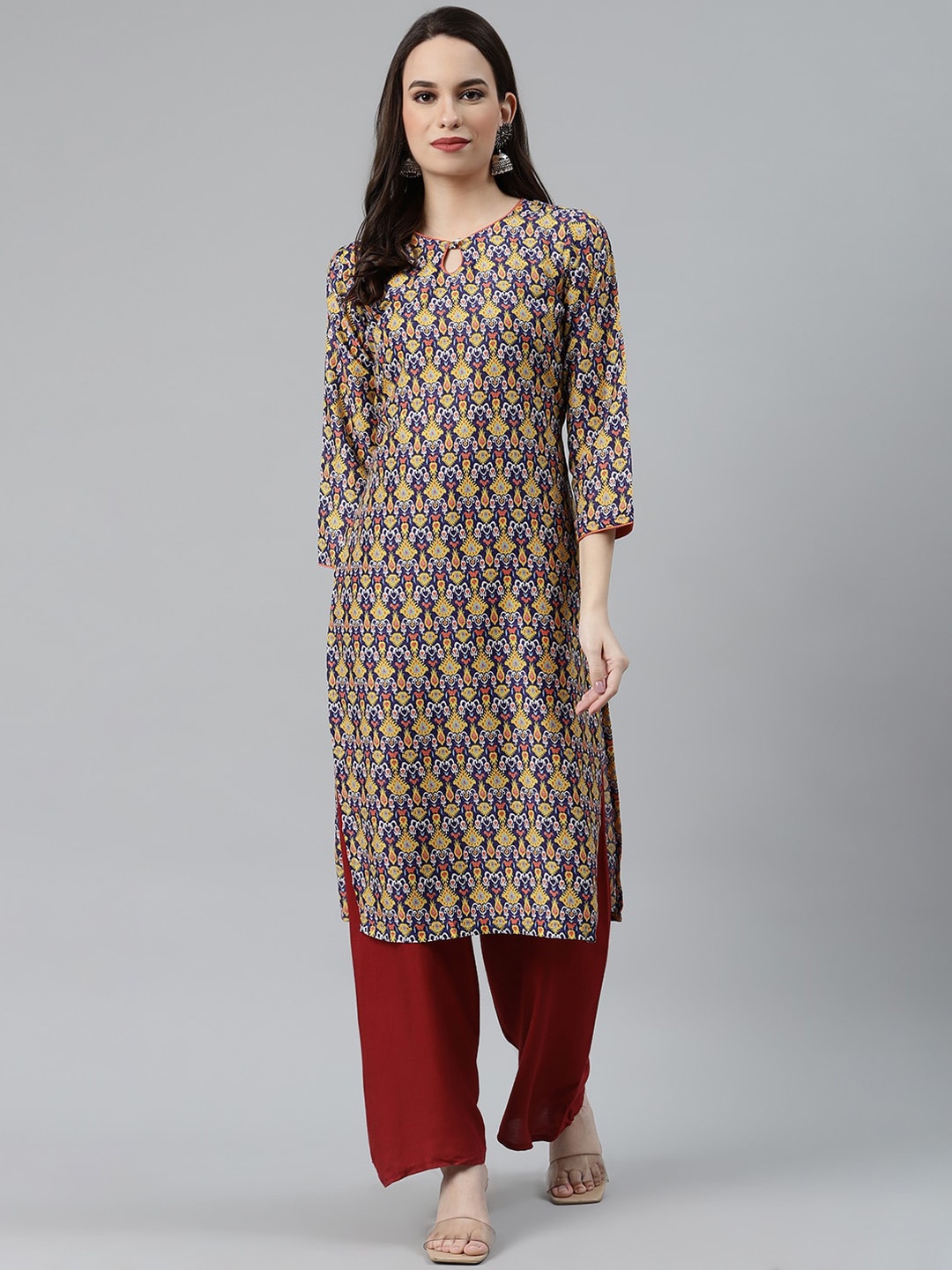 

Jompers Women Navy Blue Printed Keyhole Neck Kurta