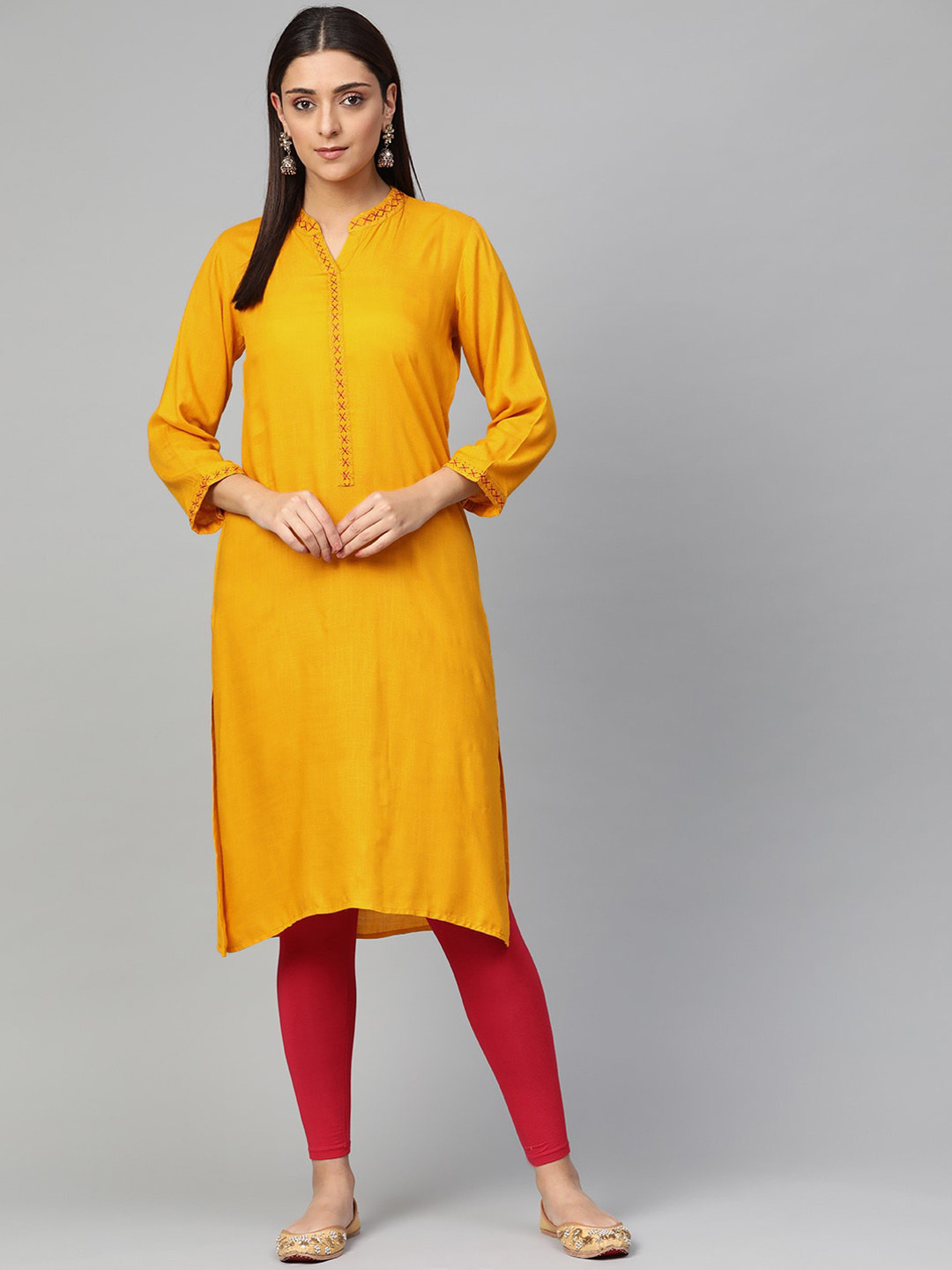 

Jompers Women Mustard Yellow & Red Solid Mandarin Collar Threadwork Viscose Rayon Kurta