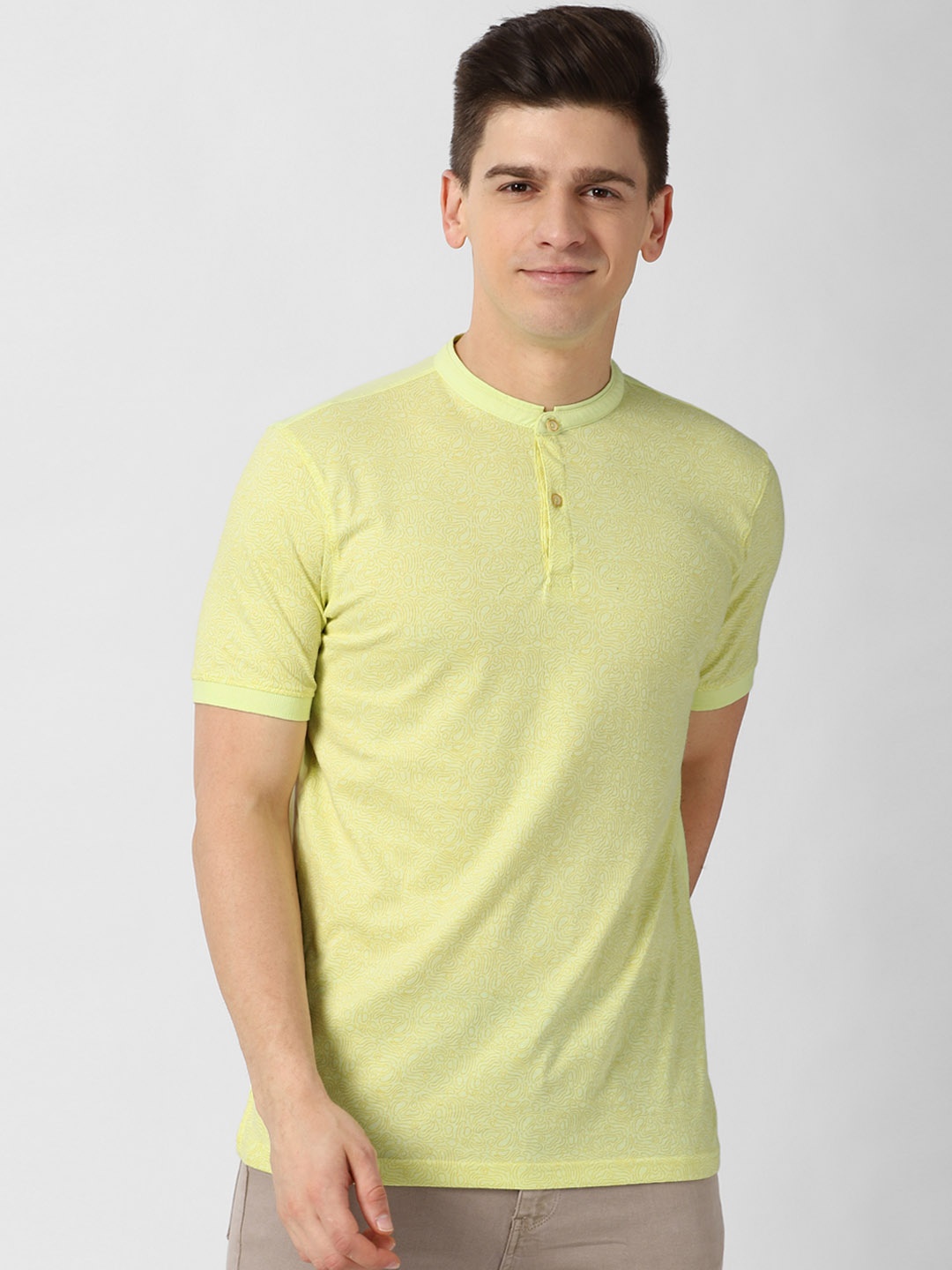 

Peter England Men Yellow Printed Mandarin Collar T-shirt