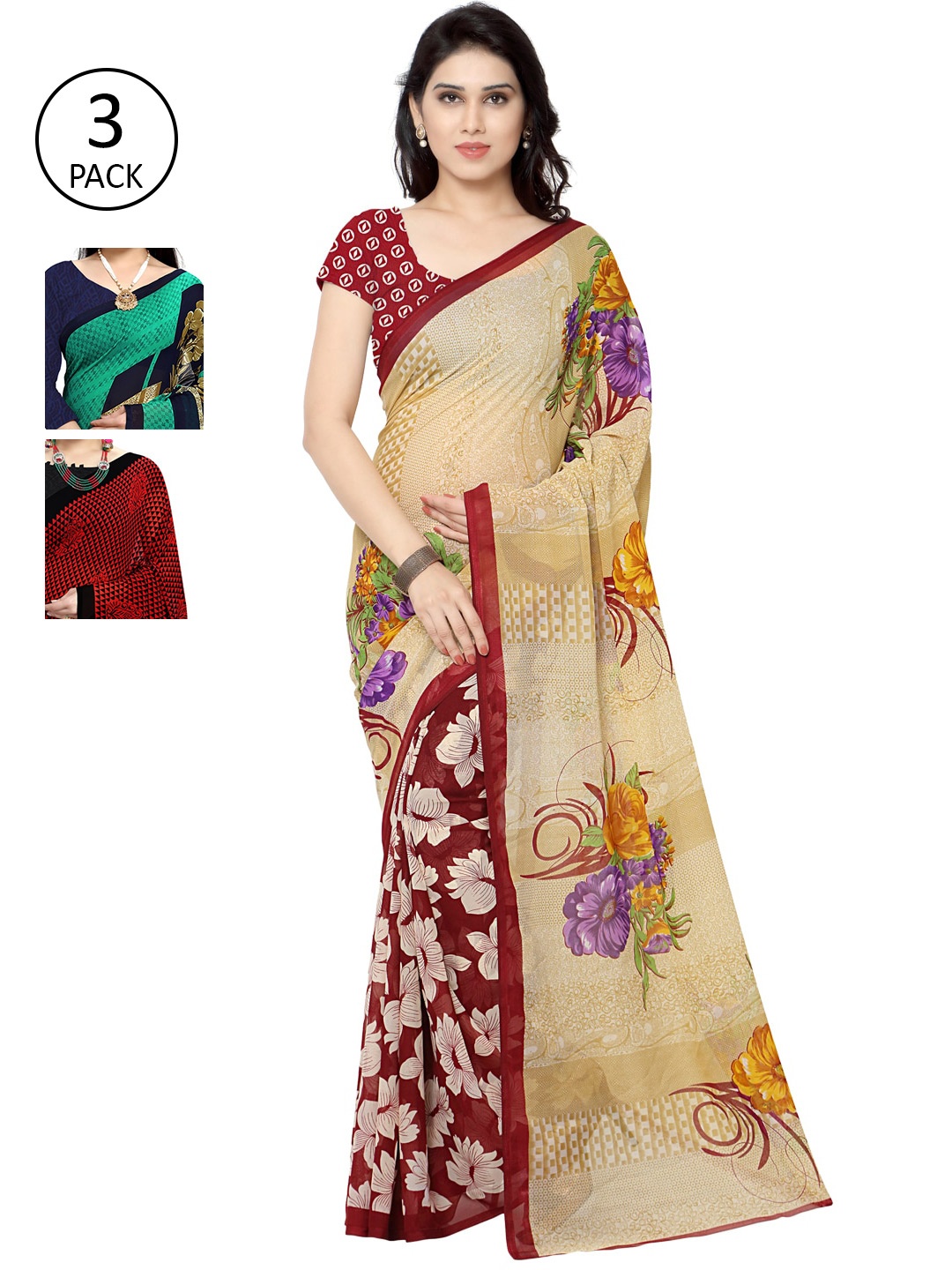 

KALINI Pack Of 3 Printed Saree, Red