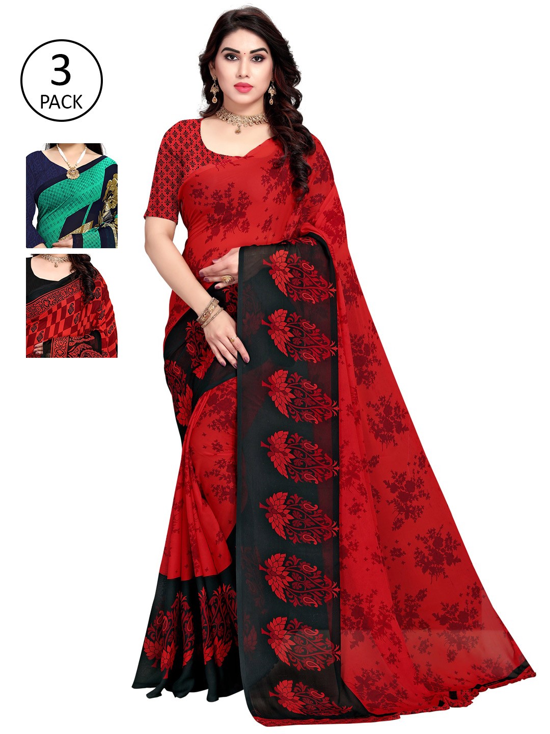 

KALINI Pack Of 3 Printed Saree, Green