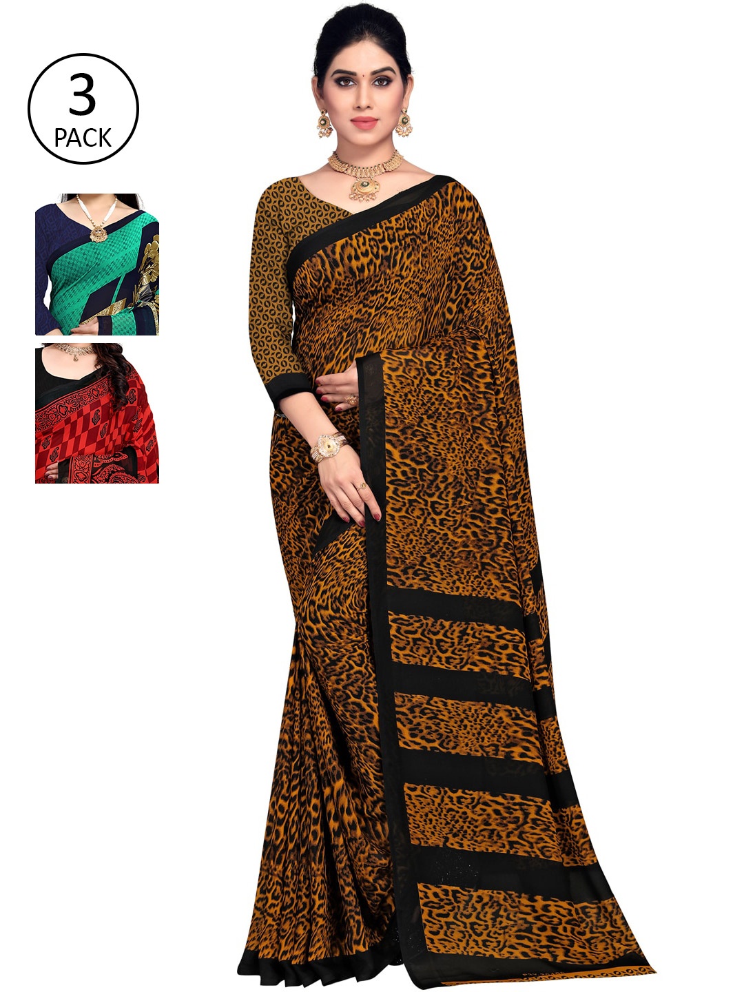 

KALINI Women Multi Printed Poly Georgette Sarees - Set of 3, Brown