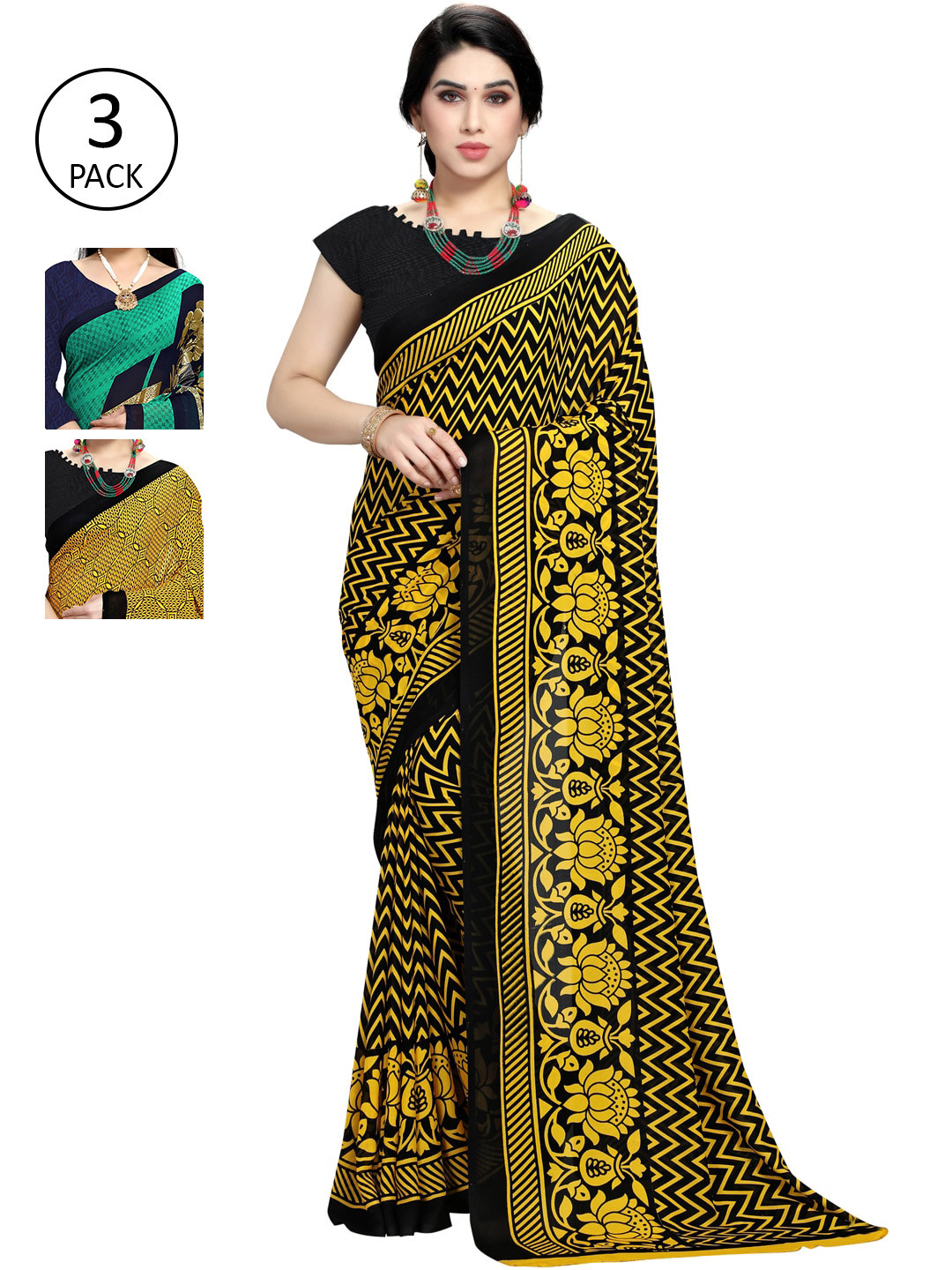 

KALINI Multicolour Printed Georgette Daily Wear Sarees-Pack of 3, Yellow