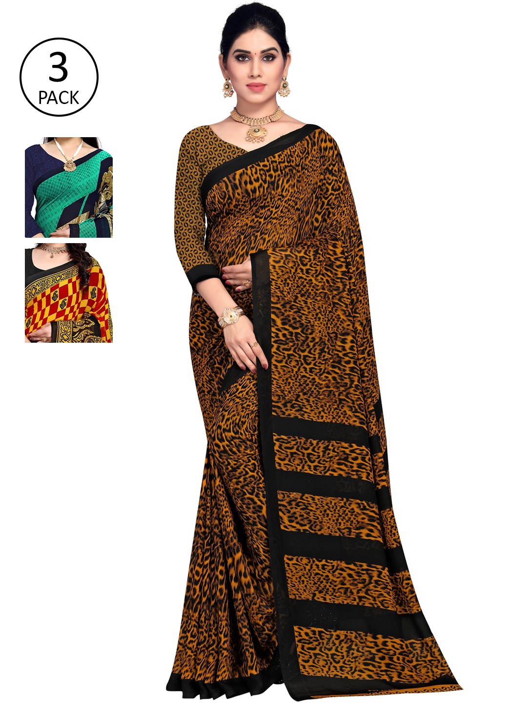 

KALINI Women Multi Printed Poly Georgette Sarees - Set of 3, Green