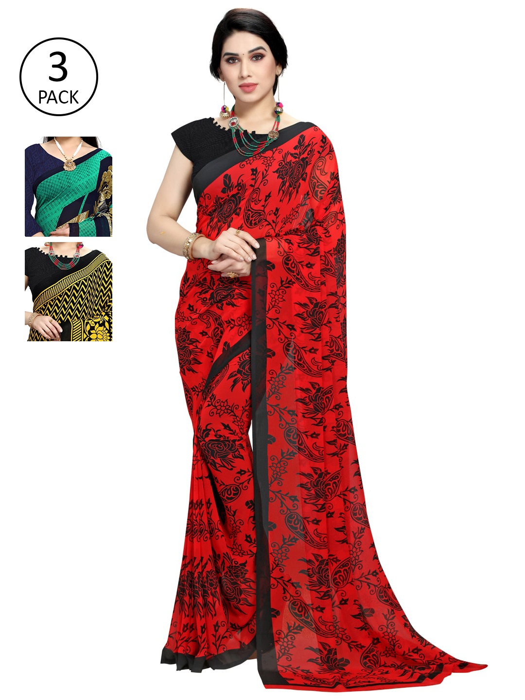 

KALINI Women Multi Printed Poly Georgette Sarees - Set of 3, Red