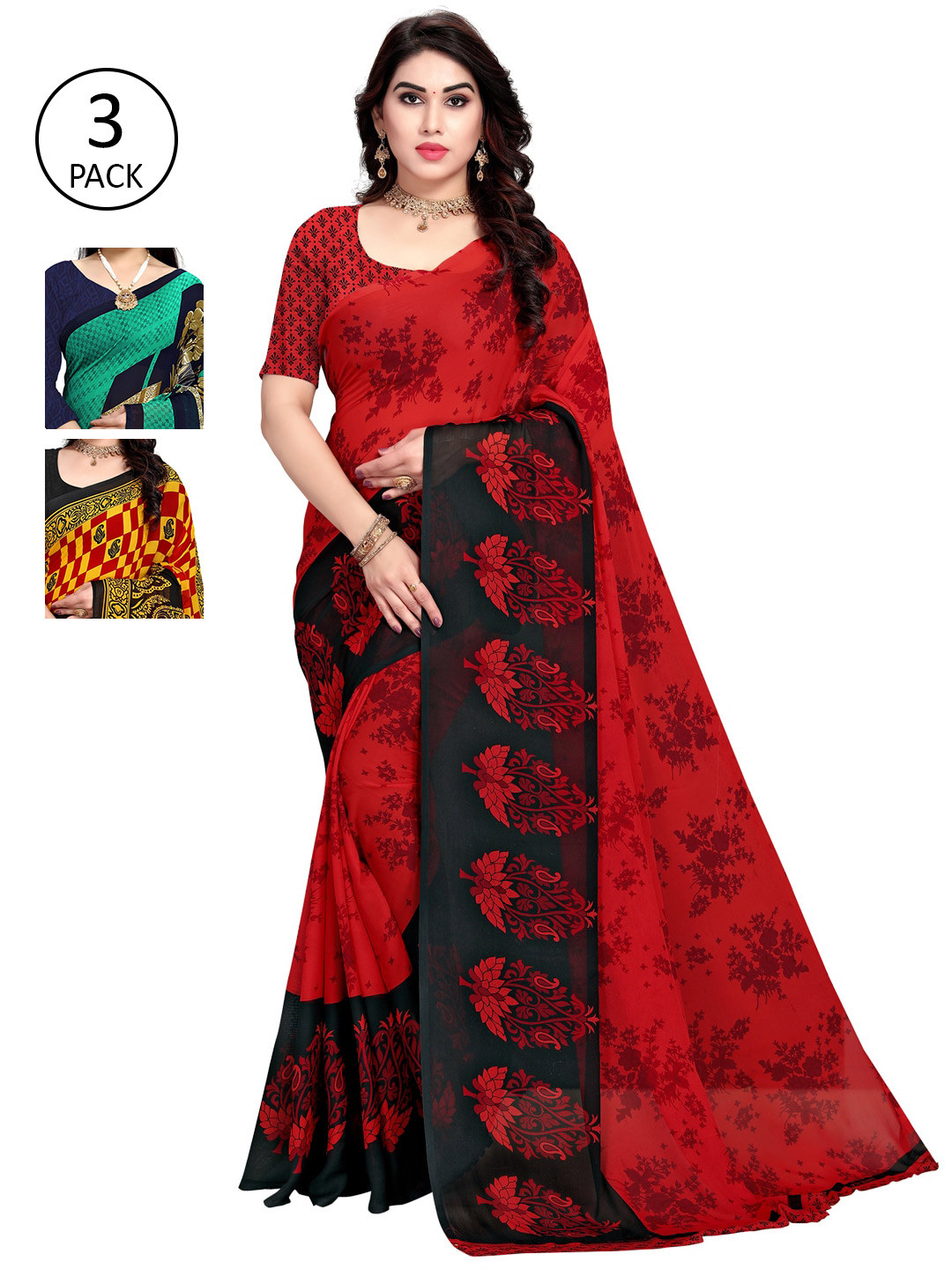 

KALINI Women Pack Of 3 Poly Georgette Printed Sarees, Multi