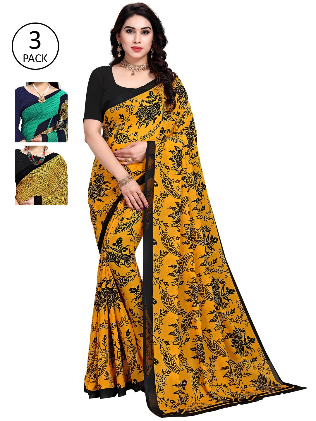 

KALINI Women Multi Printed Poly Georgette Sarees - Set of 3, Yellow