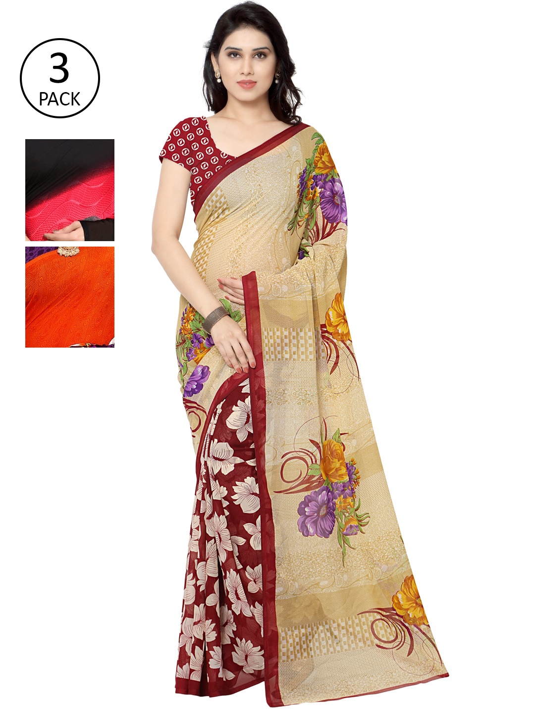 

KALINI Pack of 3 Printed Georgette Daily Wear Sarees, Multi