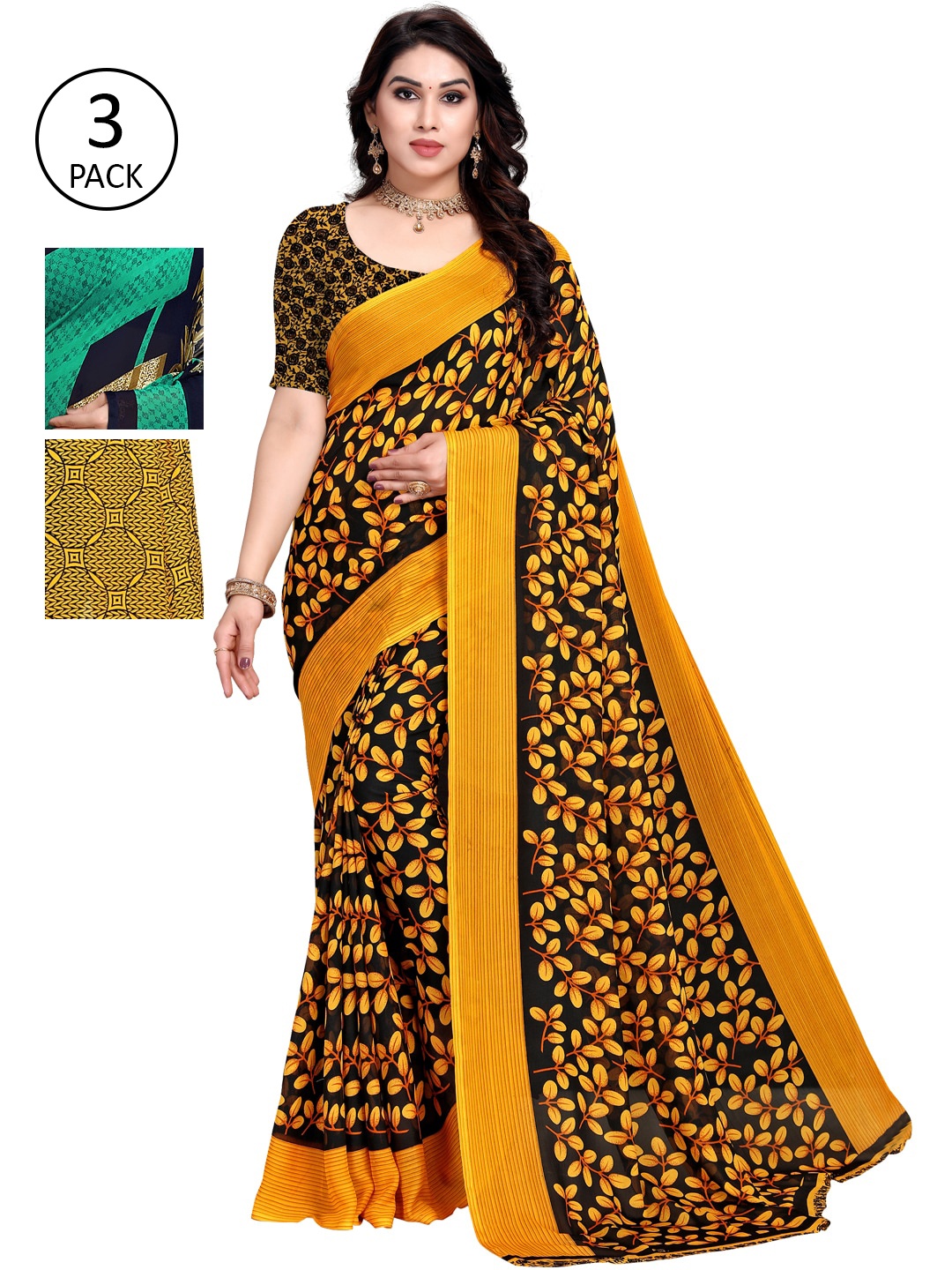 

KALINI Green & Yellow Set of 3 Yellow & Blue Printed Sarees