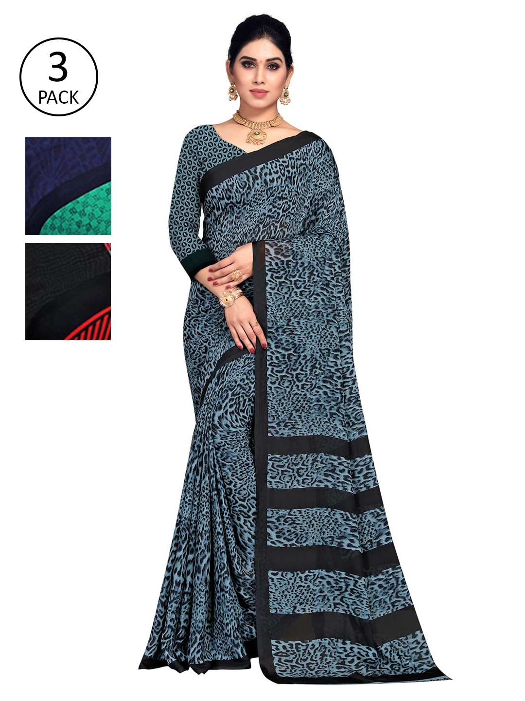 

KALINI Pack Of 3 Printed Sarees, Green