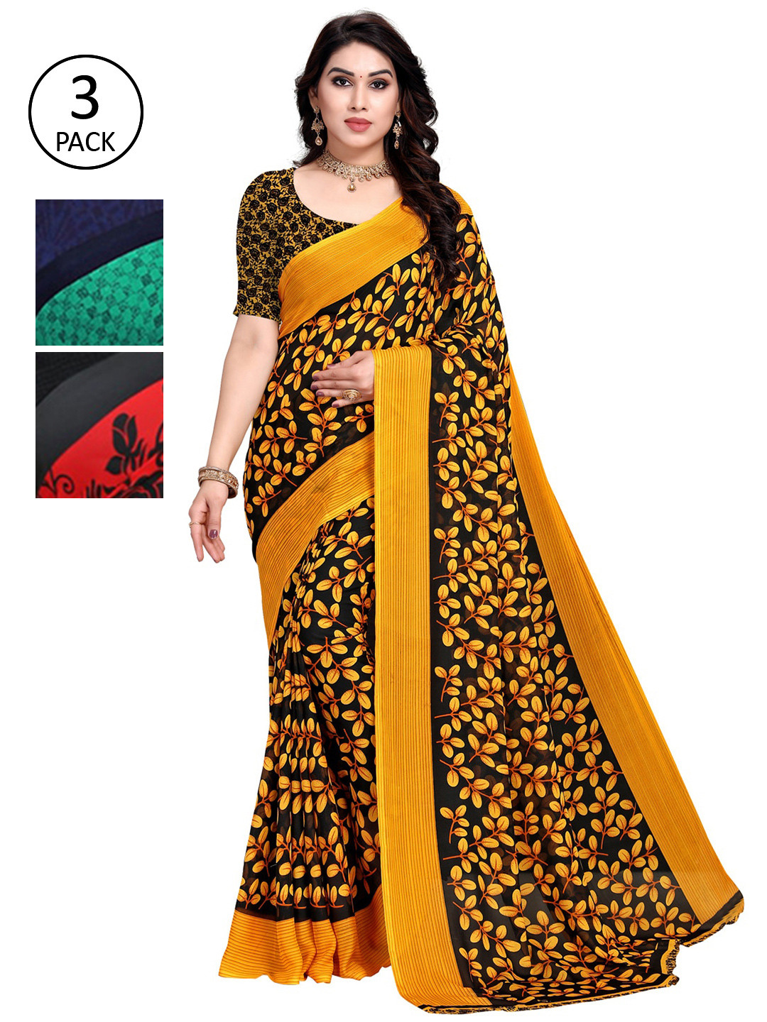 

KALINI Women Multi Printed Poly Georgette Sarees - Set of 3, Black