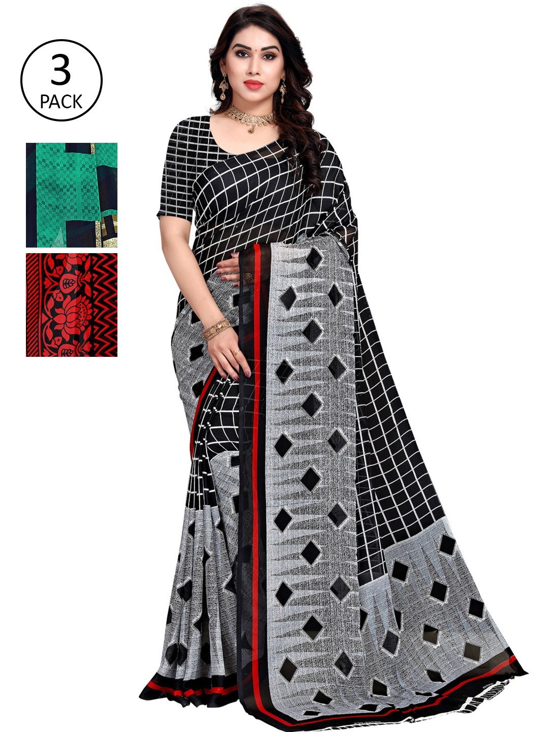 

KALINI Pack Of 3 Printed Poly Georgette Saree, Red