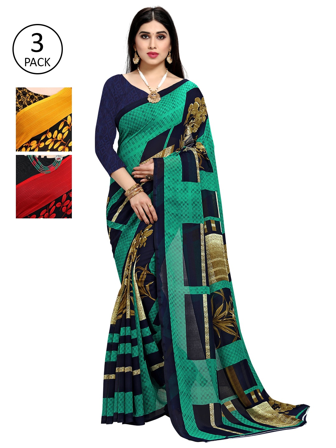 

KALINI Pack Of 3 Printed Sarees, Yellow