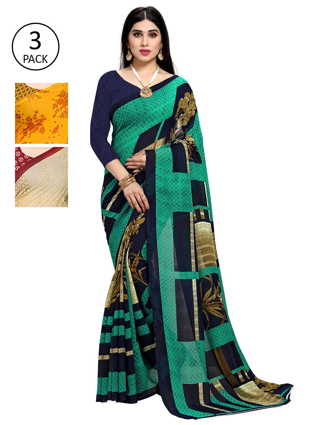

KALINI Women Multi Printed Poly Georgette Sarees - Set of 3, Navy blue
