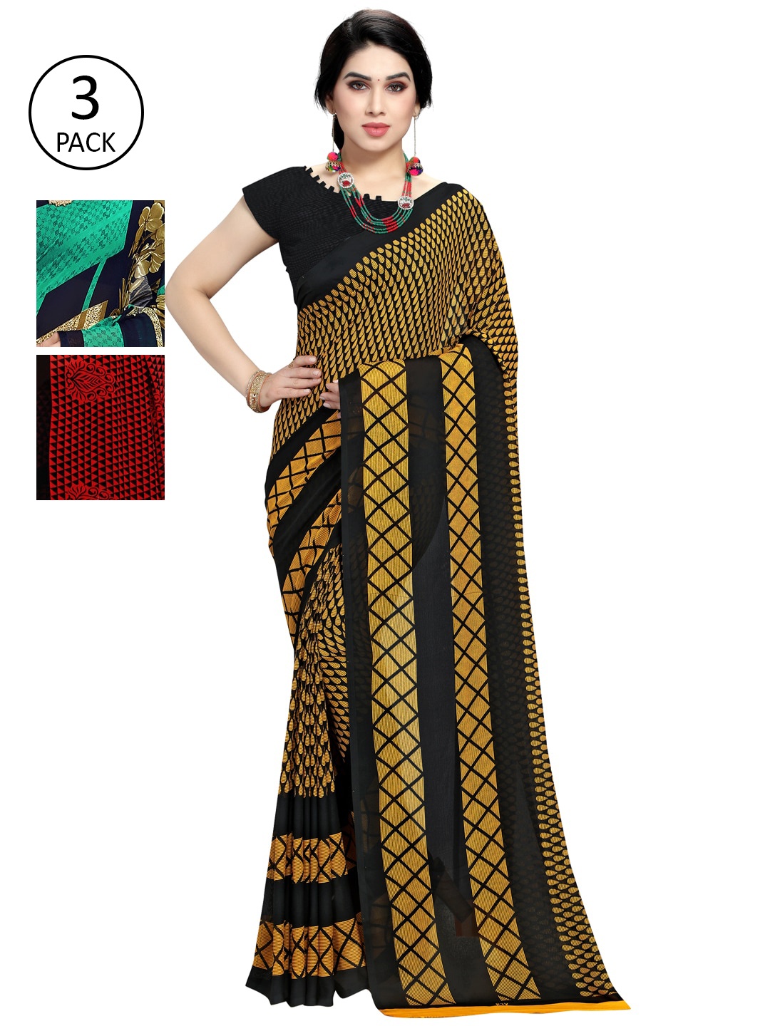 

KALINI Pack Of 3 Printed Poly Georgette Sarees, Green