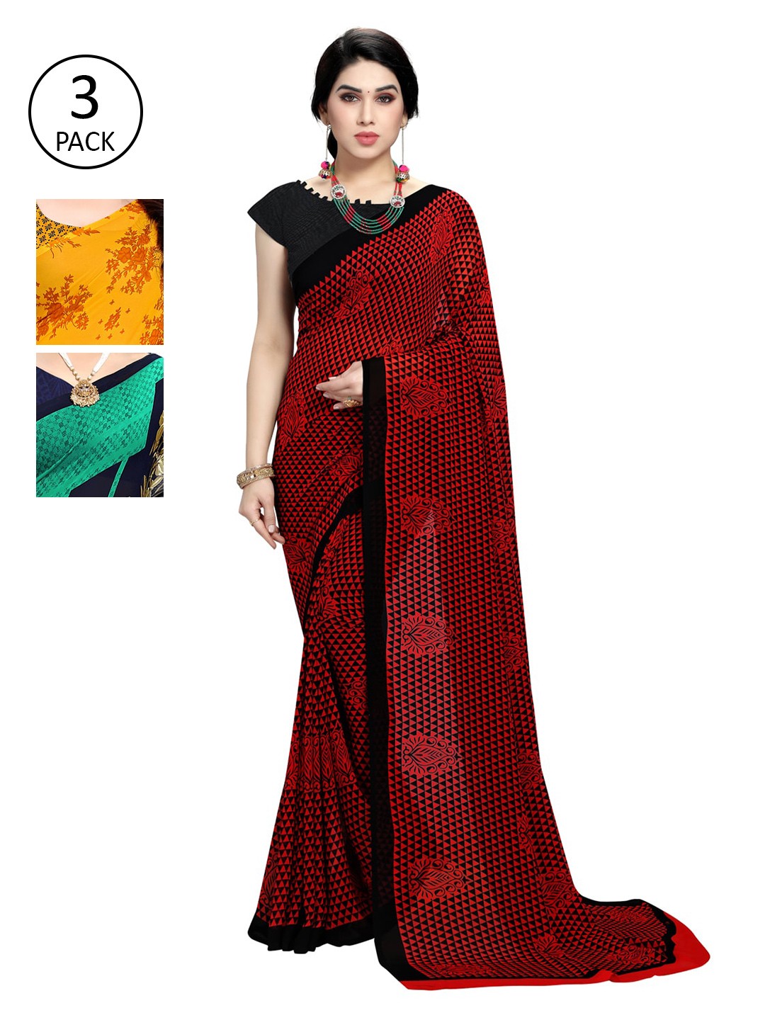 

KALINI Women Multi Printed Poly Georgette Sarees - Set of 3, Red