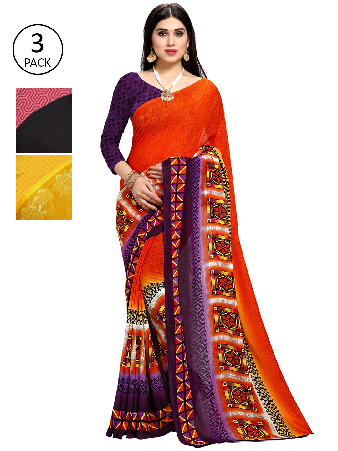 

KALINI Pack Of 3 Printed Poly Georgette Sarees, Black