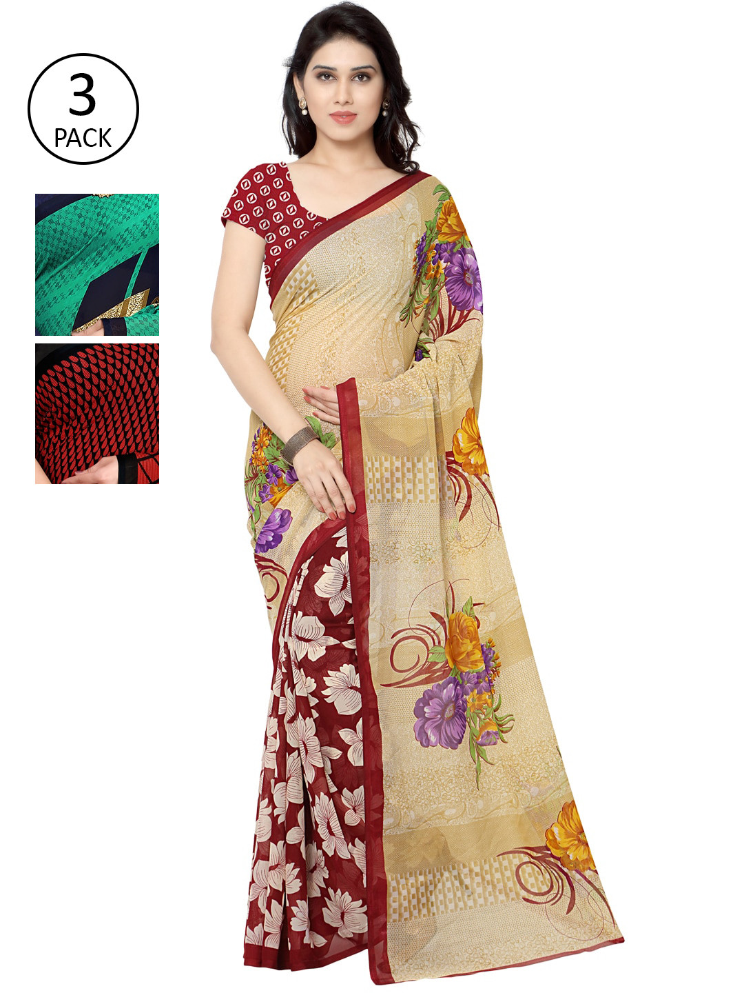 

KALINI Multicolour Printed Georgette Daily Wear Sarees-Pack of 3, Red