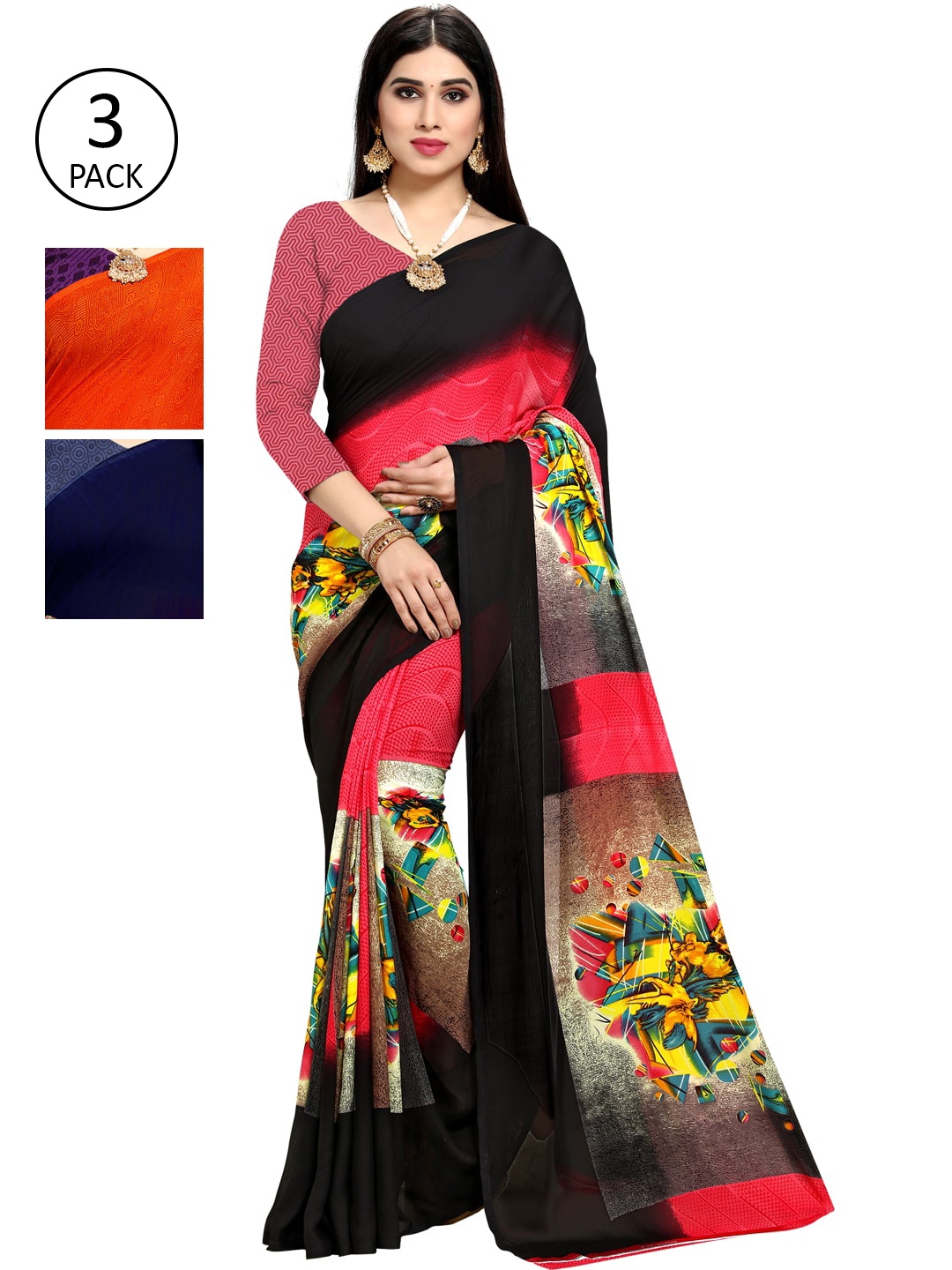 

KALINI Black & Orange Set Of 3 Printed Sarees