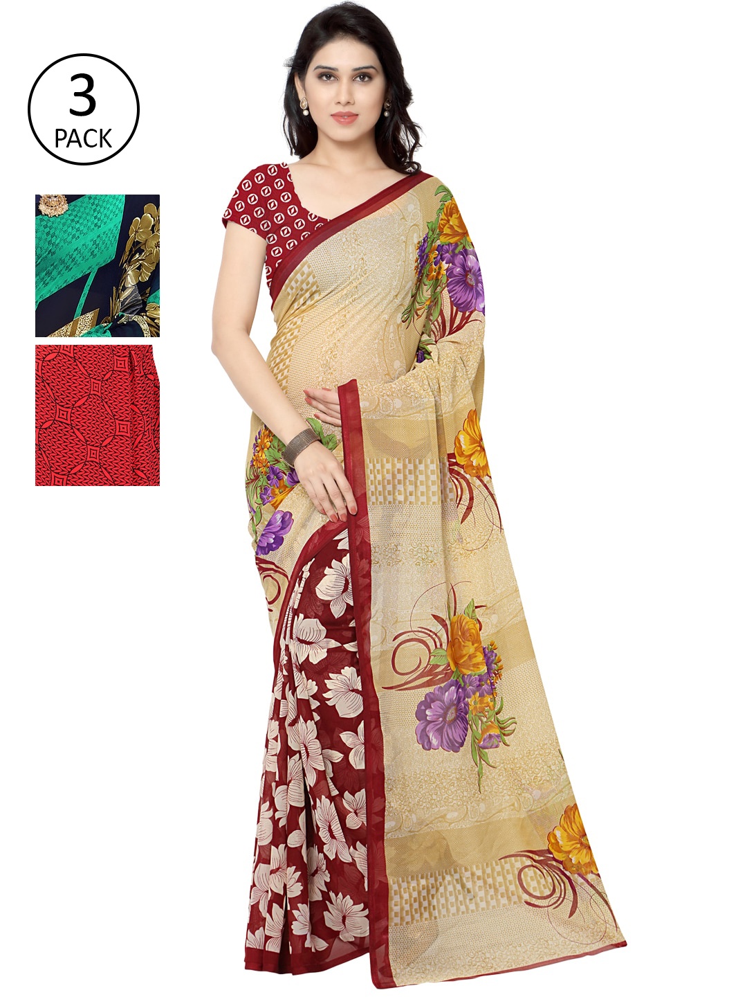 

KALINI Women Multi Printed Poly Georgette Sarees - Set of 3, Beige