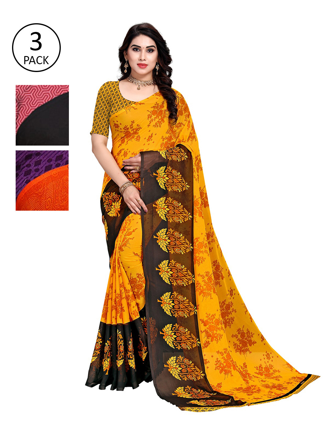 

KALINI Women Multi Colored Set of 3 Printed Poly Georgette Sarees