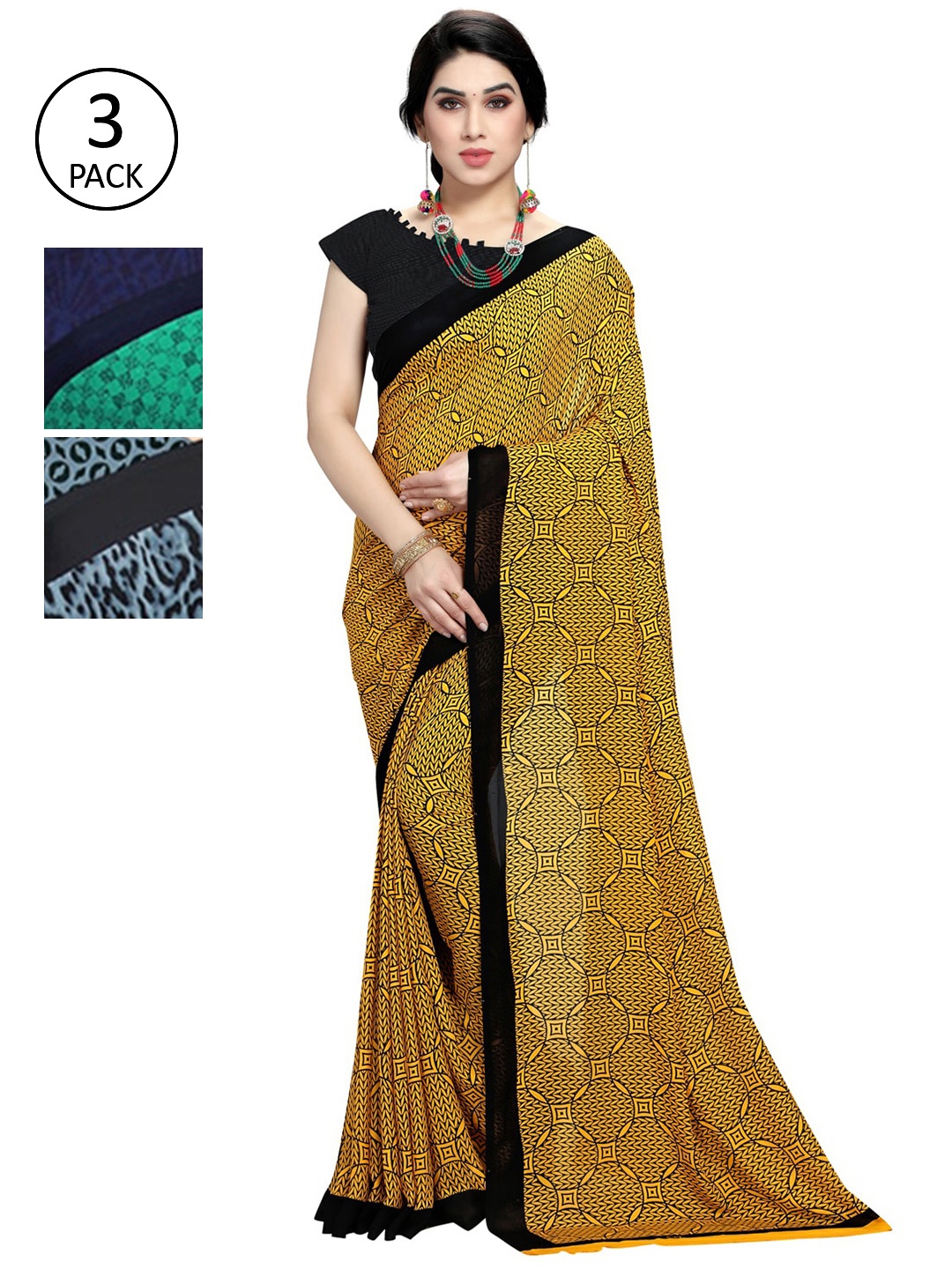

KALINI Pack Of 3 Printed Saree, Yellow