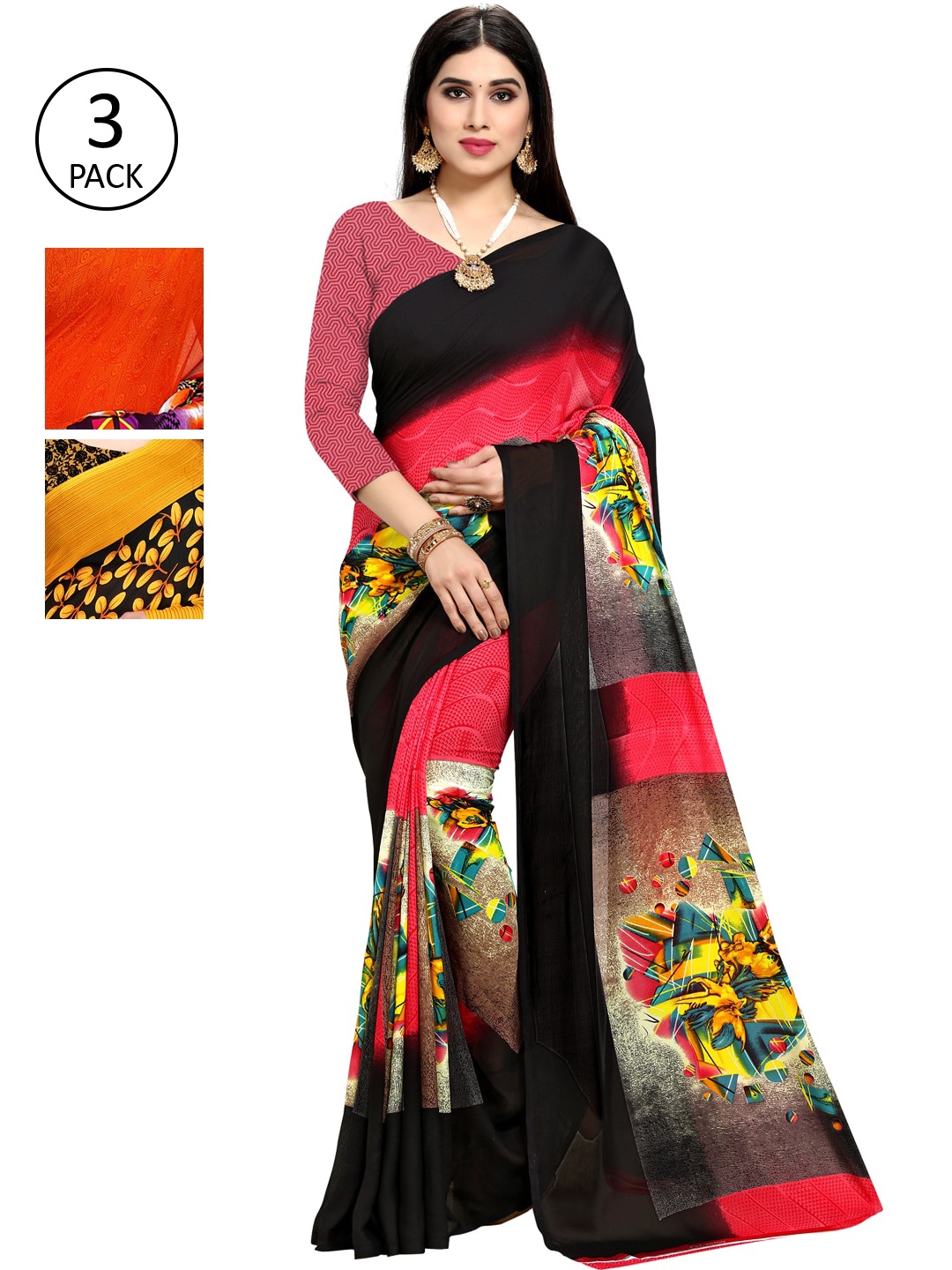 

KALINI Women Multi Colored Set of 3 Printed Poly Georgette Sarees