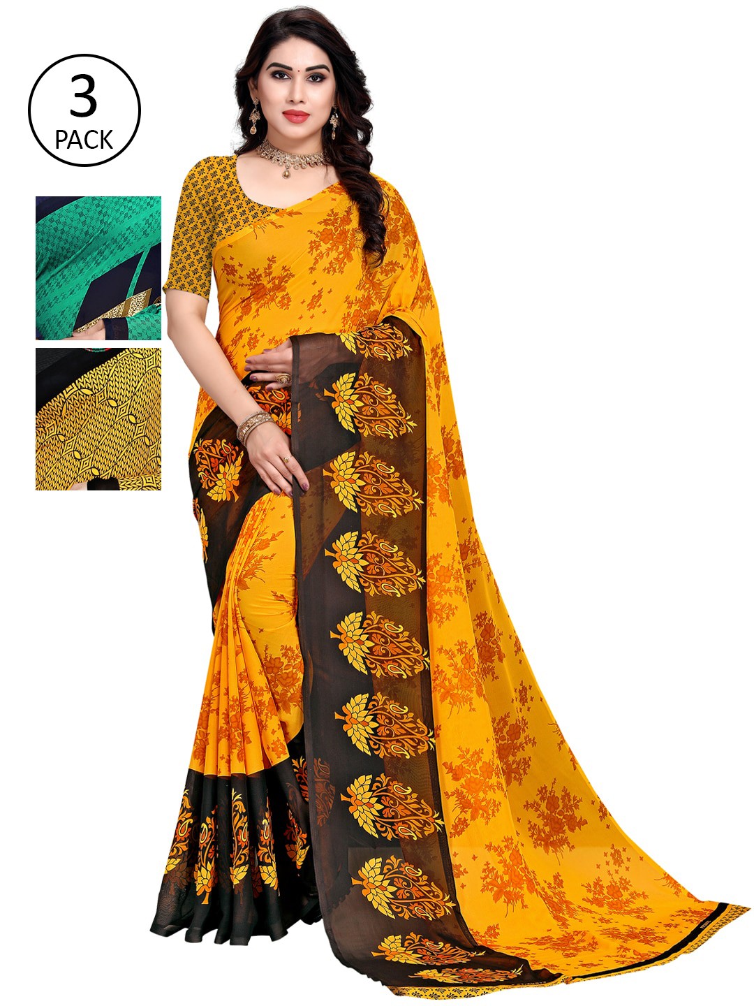 

KALINI Pack Of 3 Printed Saree, Grey melange