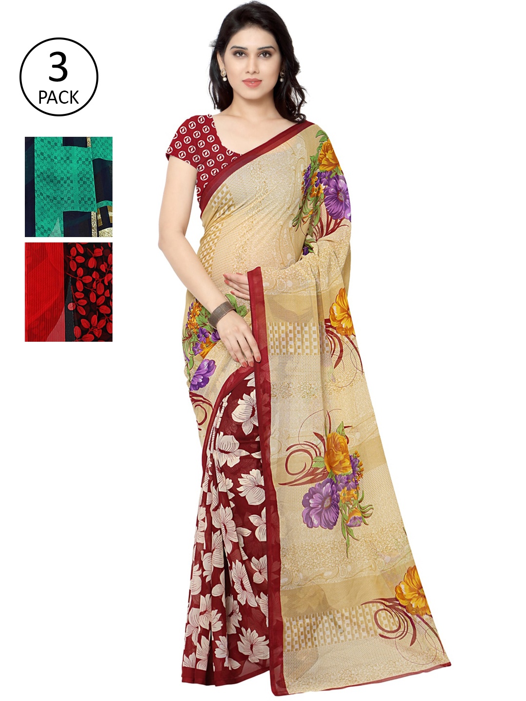 

KALINI Women Multi Colored Set of 3 Printed Poly Georgette Sarees