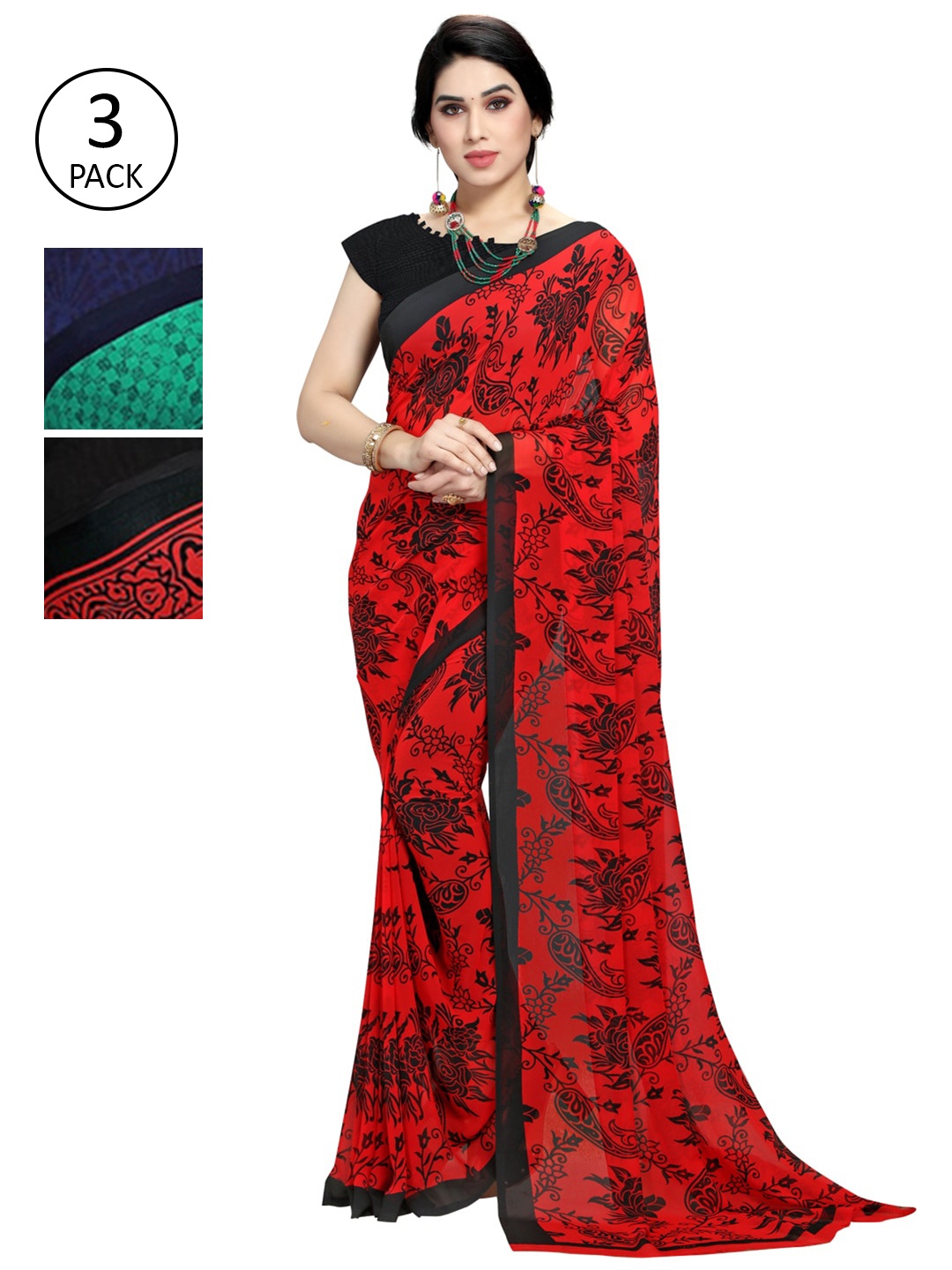 

KALINI Pack of 3 Multicoloured Saree, Red