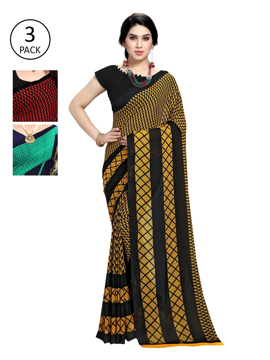 

KALINI Women Multi Colored Set of 3 Printed Poly Georgette Sarees