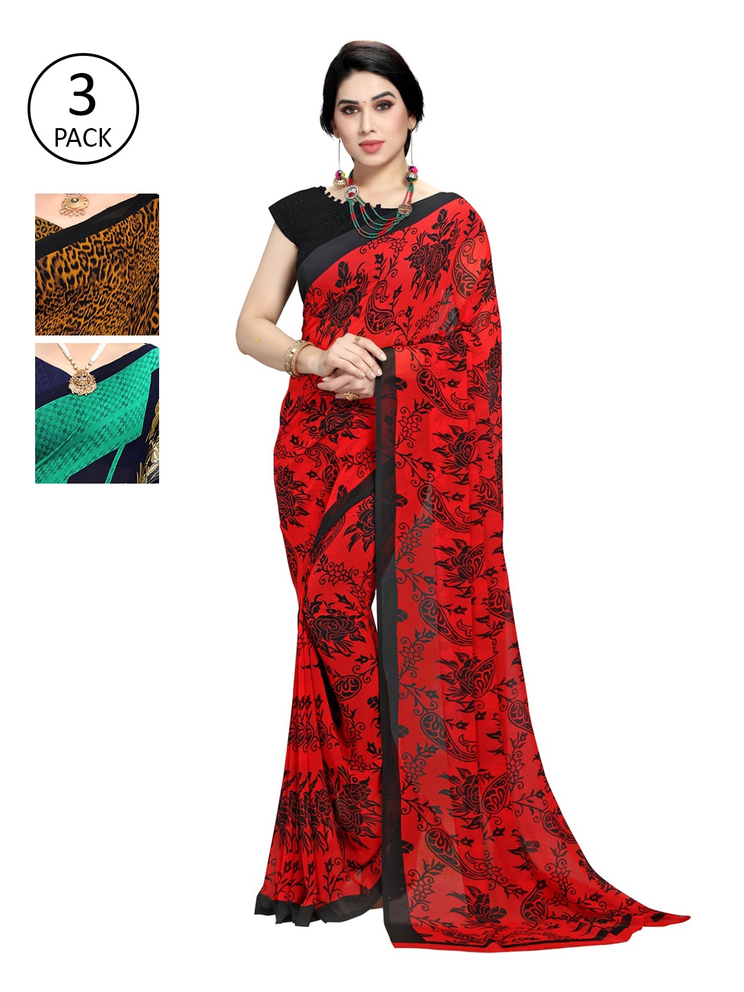 

KALINI Women Multi Colored Set of 3 Printed Poly Georgette Sarees