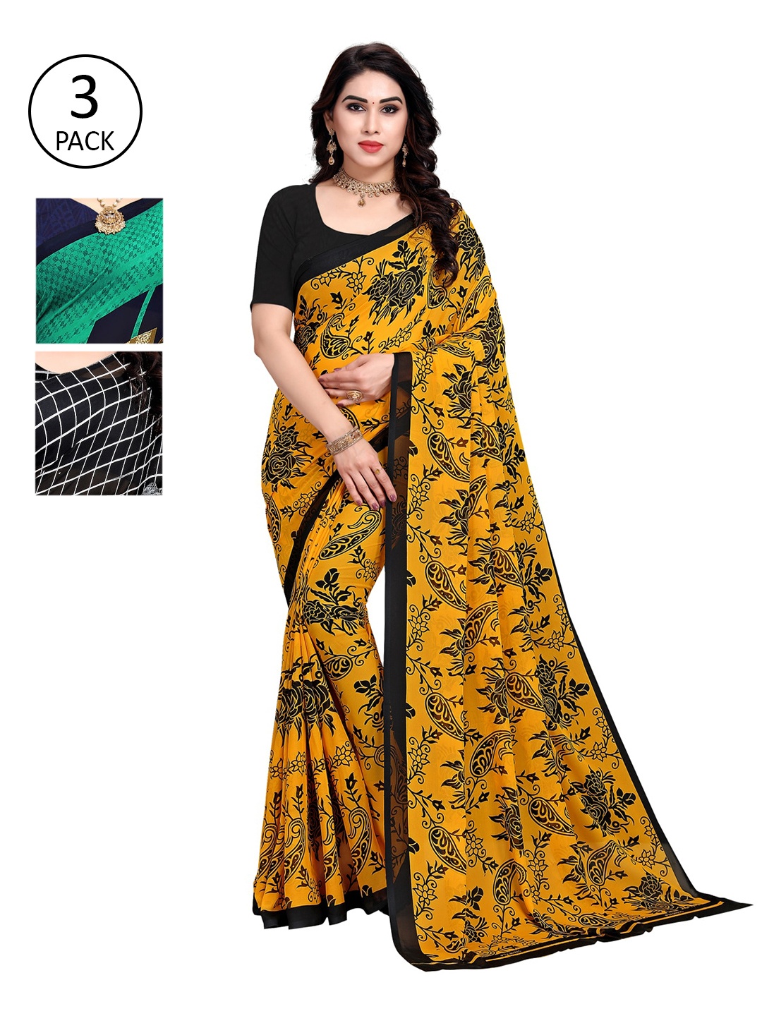

KALINI Pack of 3 Printed Saree, Yellow