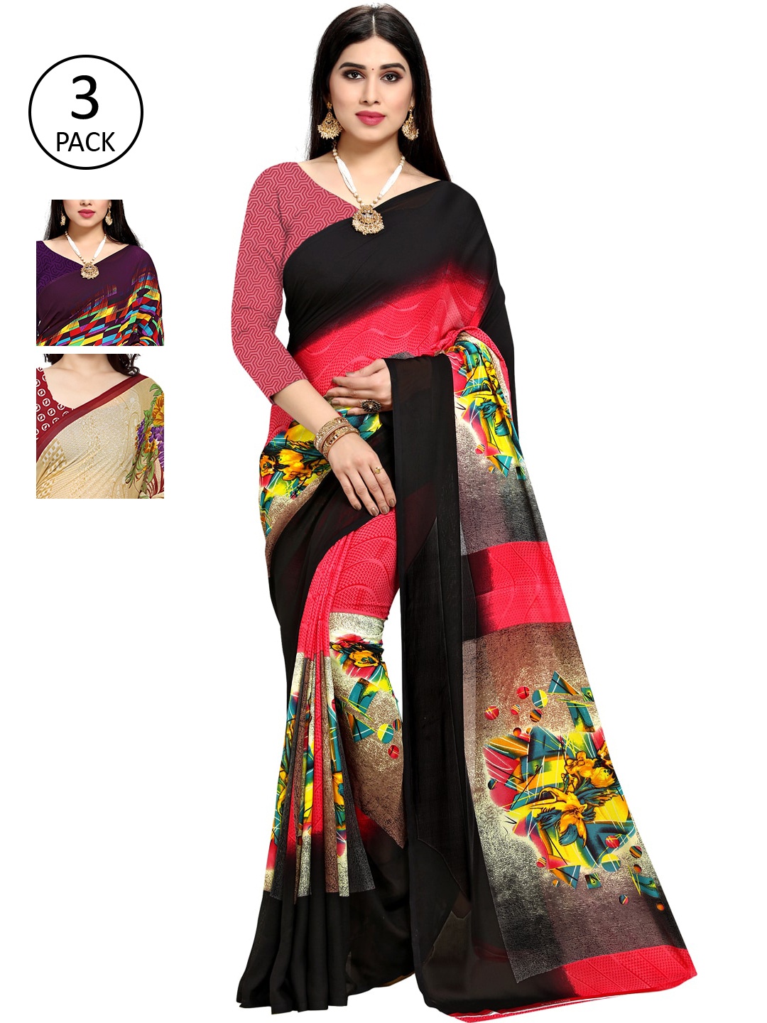 

KALINI Women Multi Colored Set of 3 Printed Poly Georgette Sarees