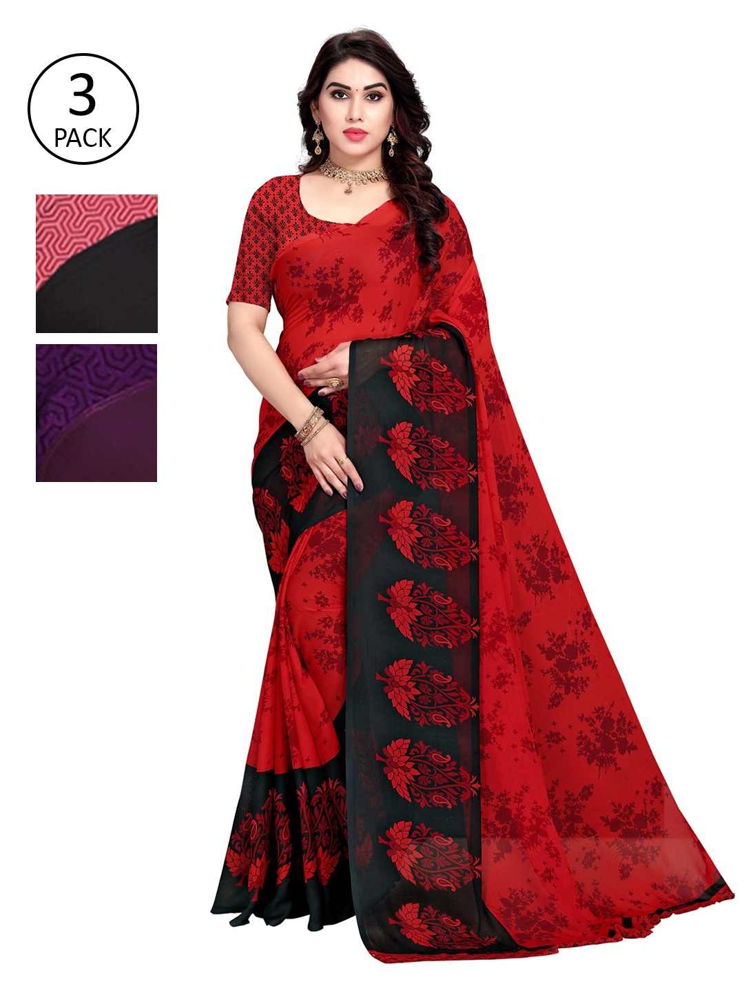 

KALINI Women Pack Of 3 Poly Georgette Printed Sarees, Multi