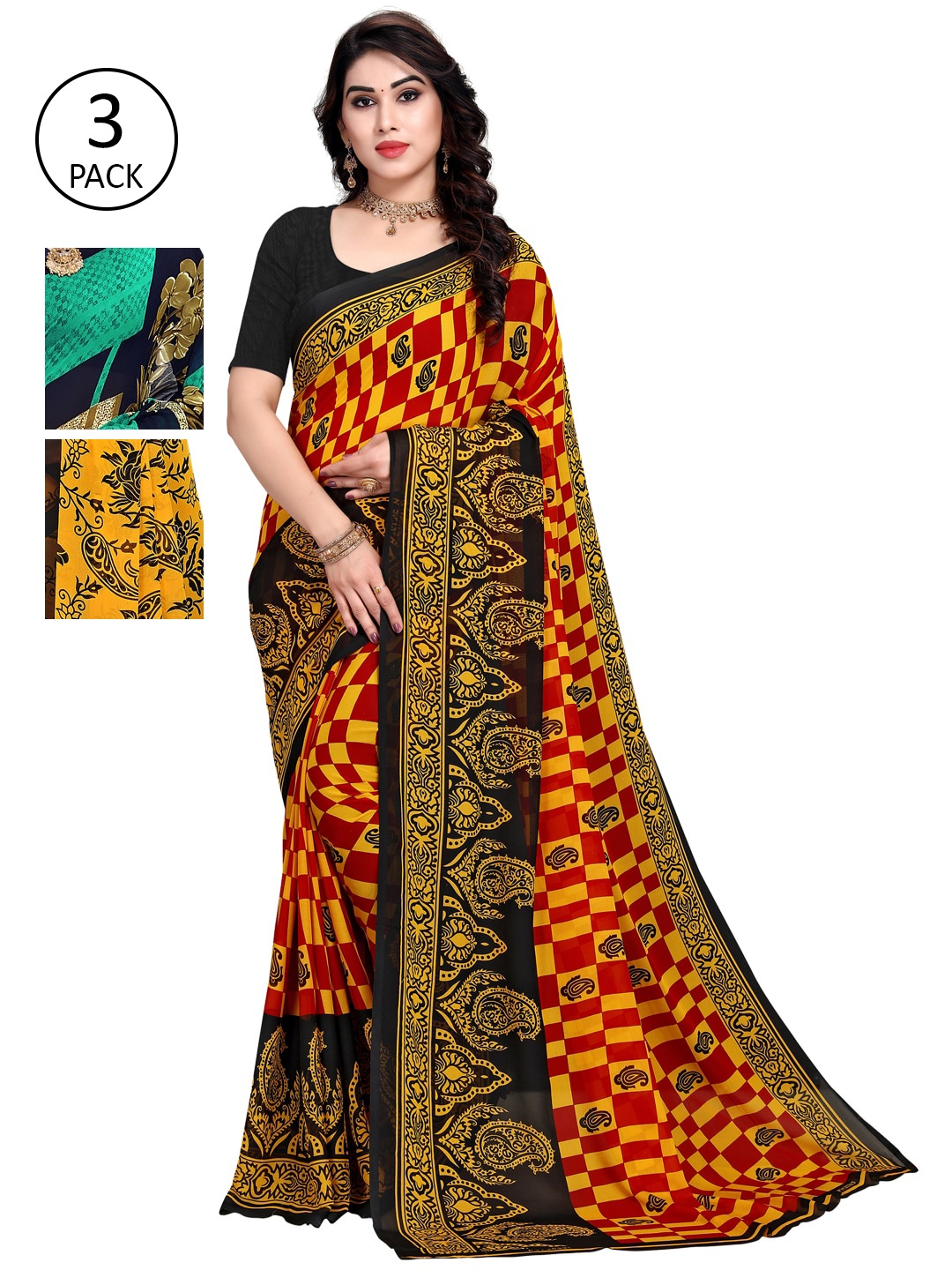 

KALINI Women Multi Colored Set of 3 Printed Poly Georgette Sarees