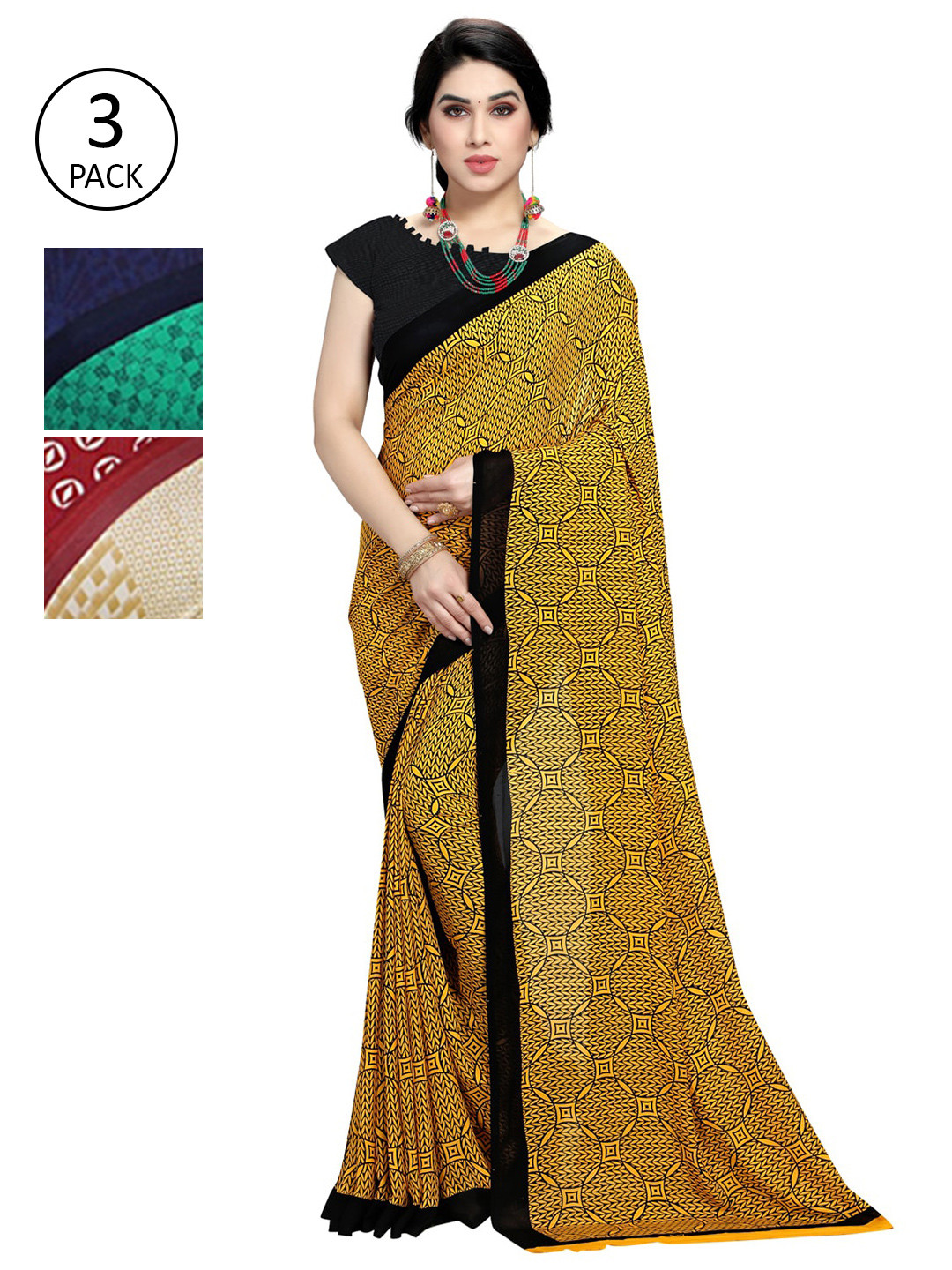 

KALINI Women Multi Colored Set of 3 Printed Poly Georgette Sarees