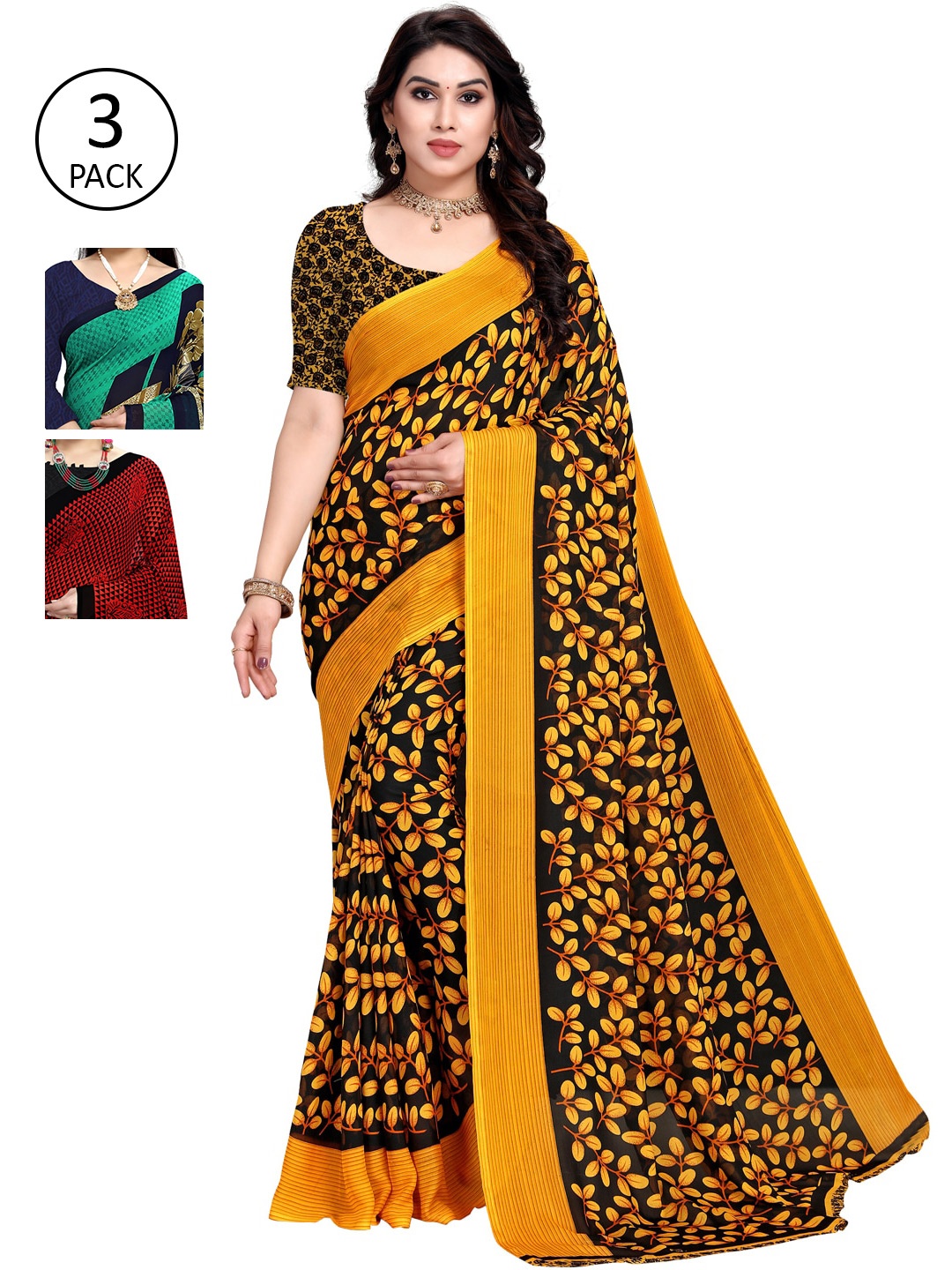 

KALINI Pack of 3 Printed Saree, Green