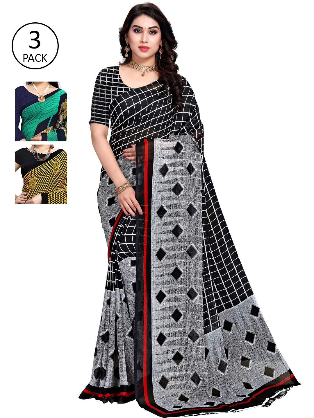 

KALINI Women Multi Colored Set of 3 Printed Poly Georgette Sarees