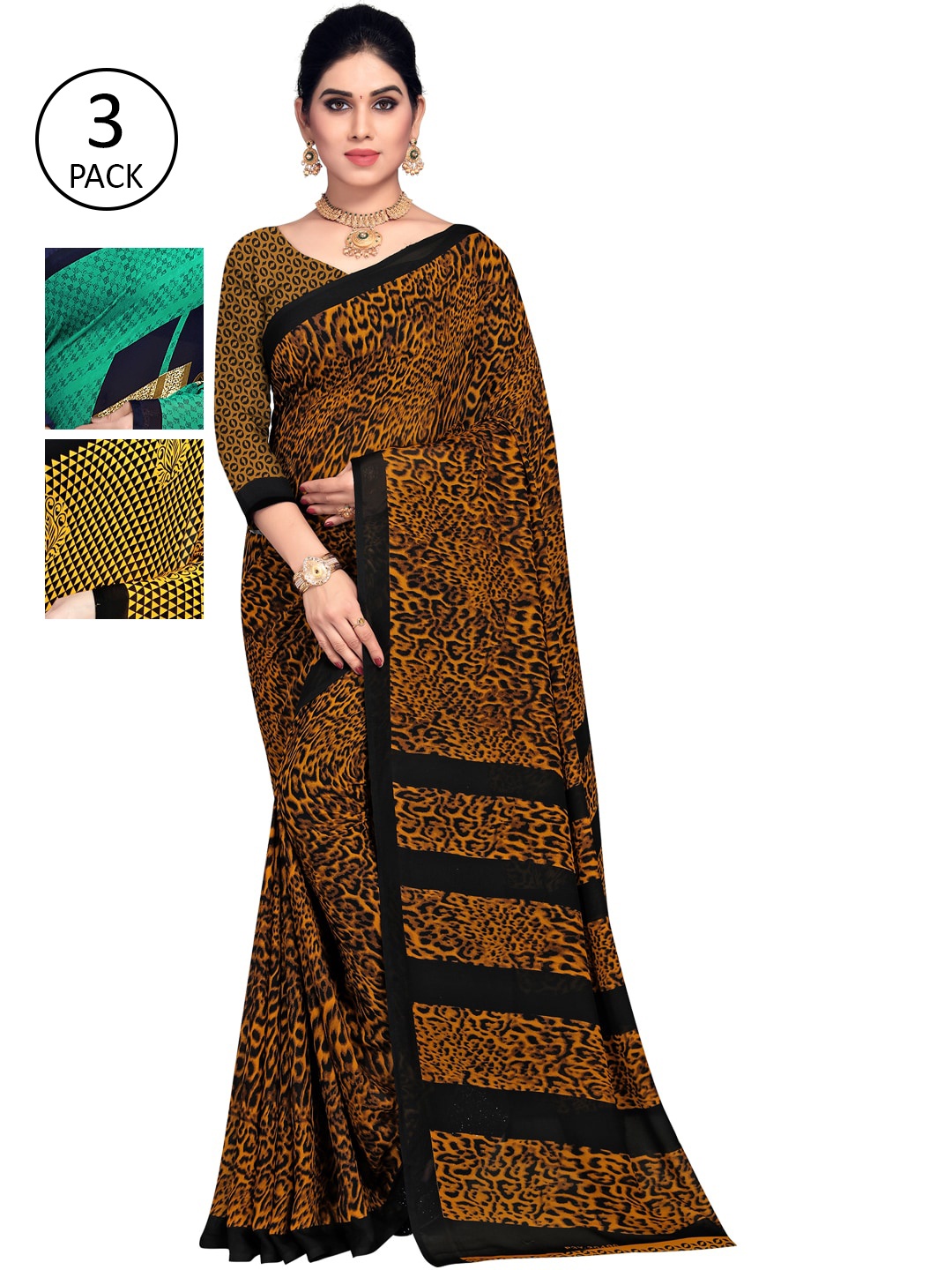 

KALINI Multicoloured Set of 3 Poly Georgette Saree, Green