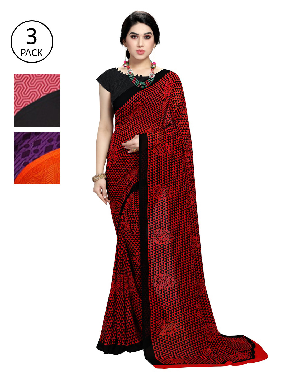 

KALINI Multicoloured Set of 3 Poly Georgette Saree, Black