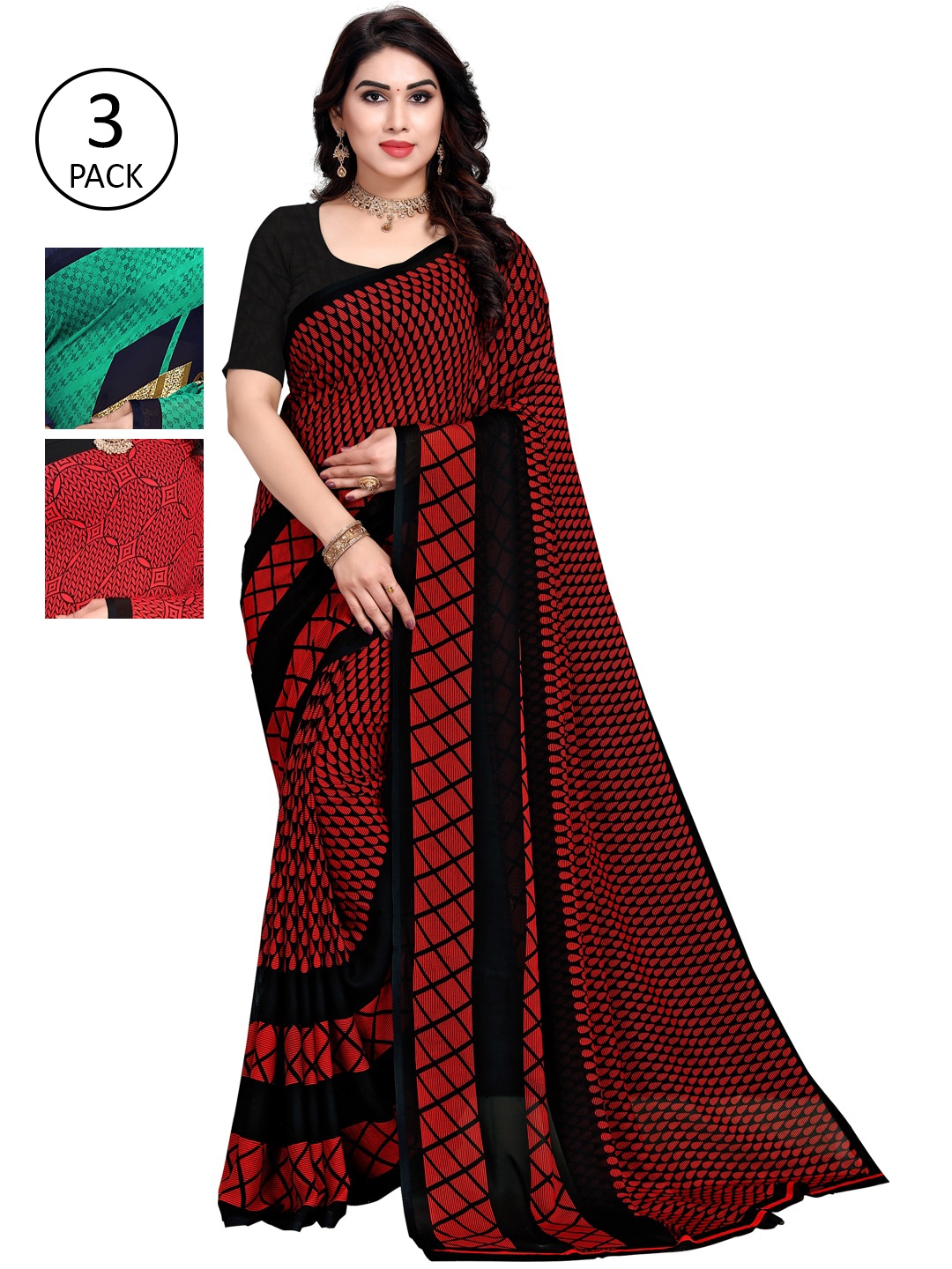 

KALINI Women Multi Colored Set of 3 Printed Poly Georgette Sarees
