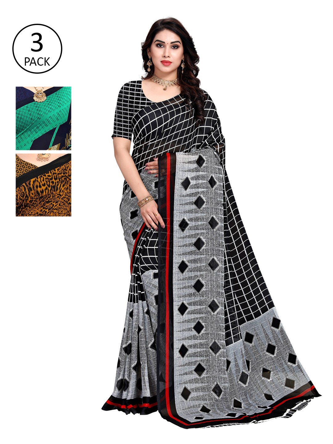 

KALINI Women Multi Colored Set of 3 Printed Poly Georgette Sarees