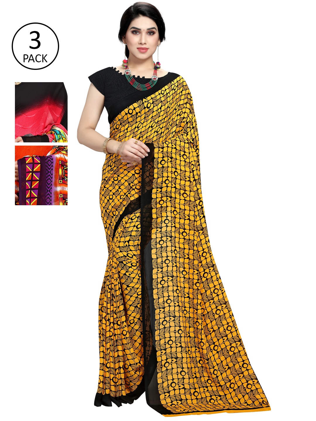 

KALINI Pack of 3 Printed Saree, Black
