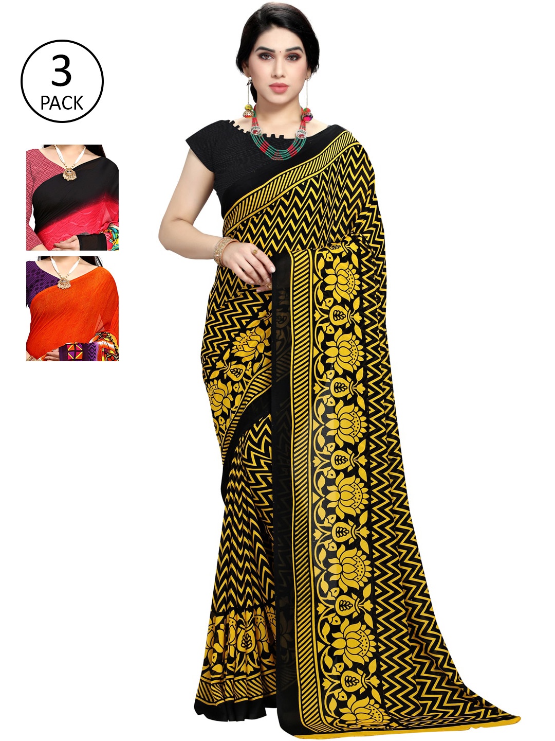 

KALINI Women Multi Colored Set of 3 Printed Poly Georgette Sarees