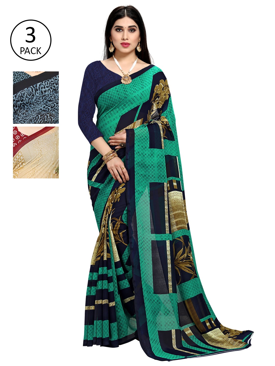 

KALINI Multicoloured Set of 3 Poly Georgette Saree, Green