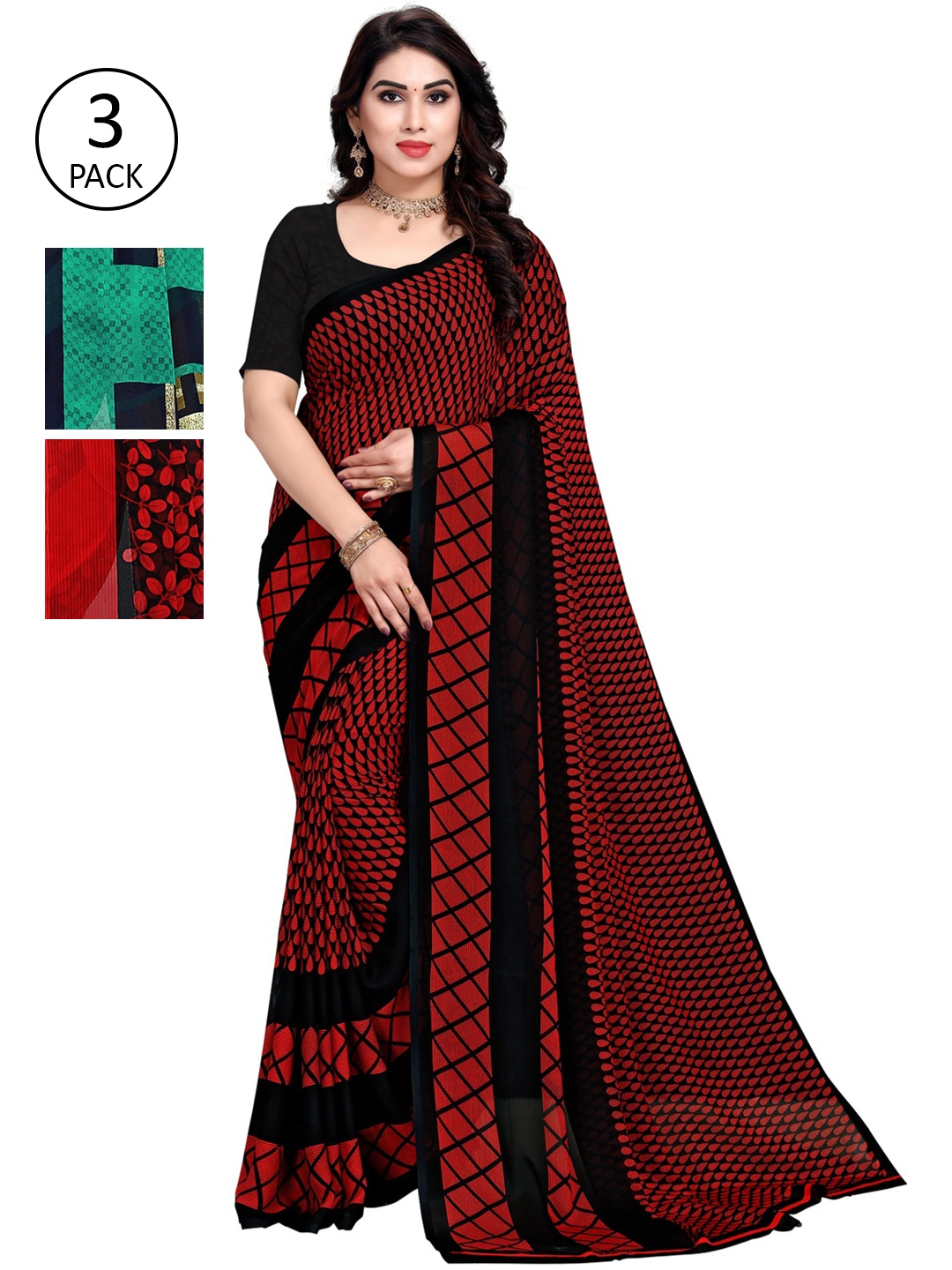 

KALINI Multicolour Printed Georgette Daily Wear Sarees-Pack of 3, Green