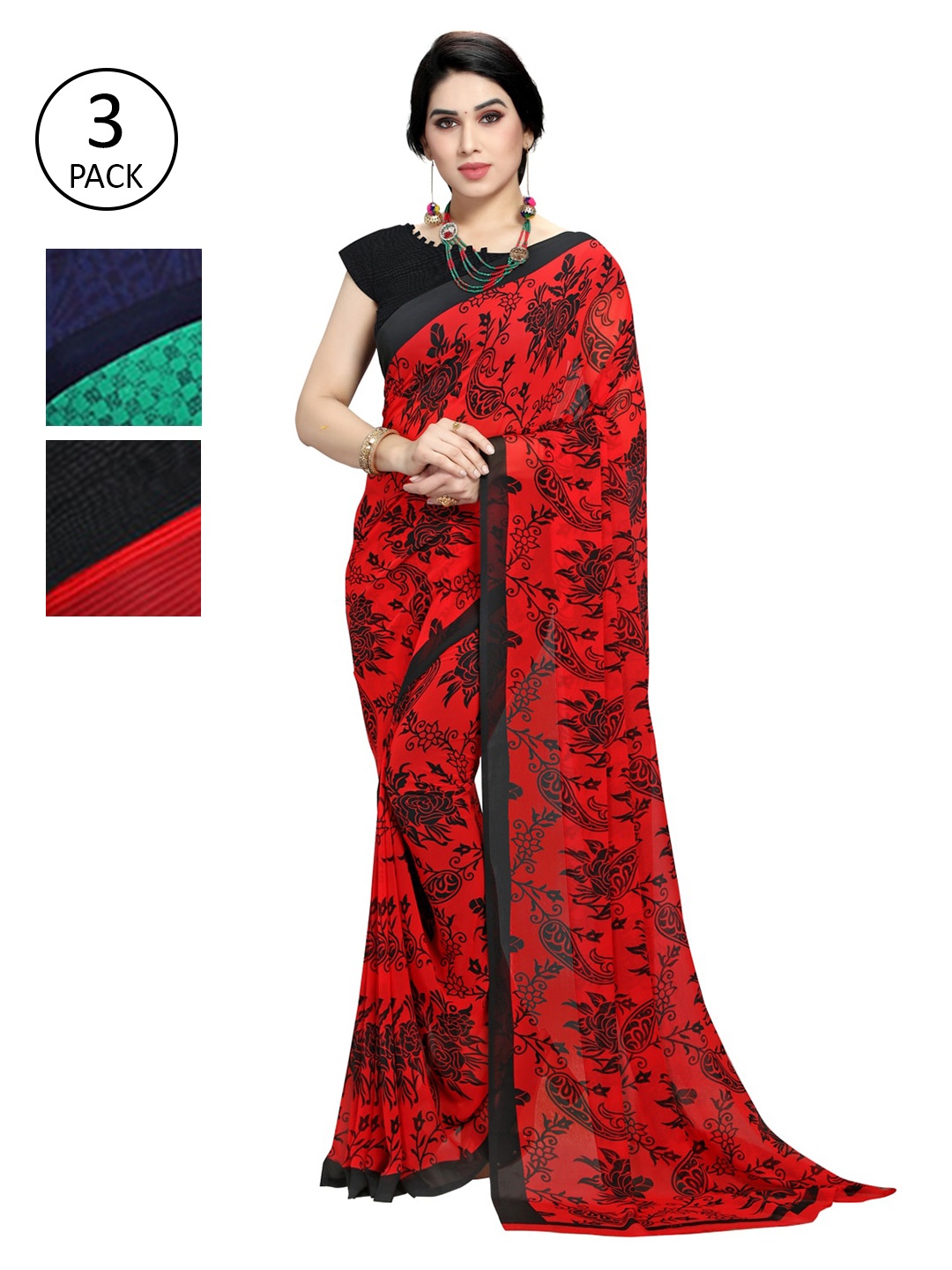 

KALINI Pack Of 3 Printed Poly Georgette Sarees, Red
